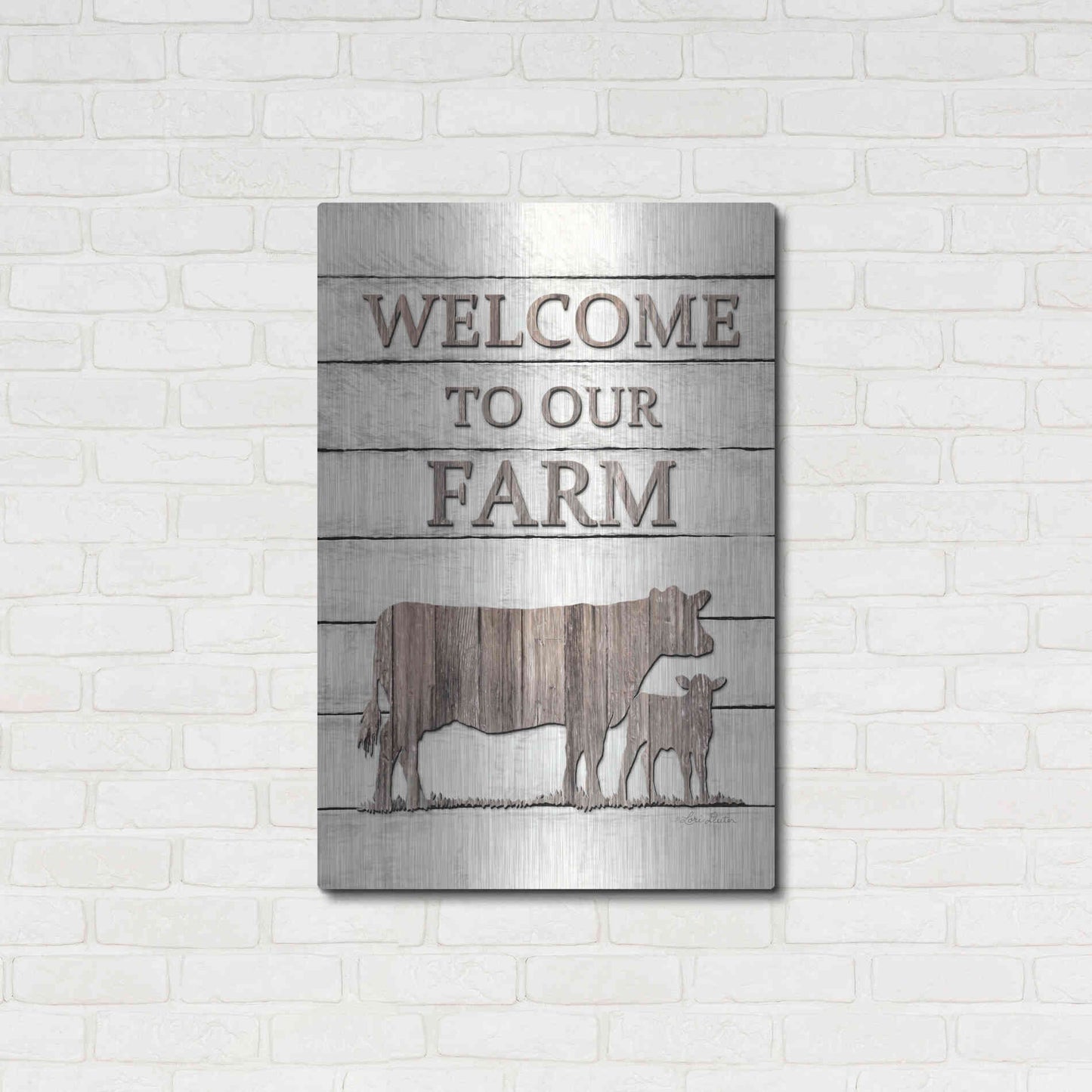 Luxe Metal Art 'Cow Welcome to Our Farm' by Lori Deiter, Metal Wall Art,24x36