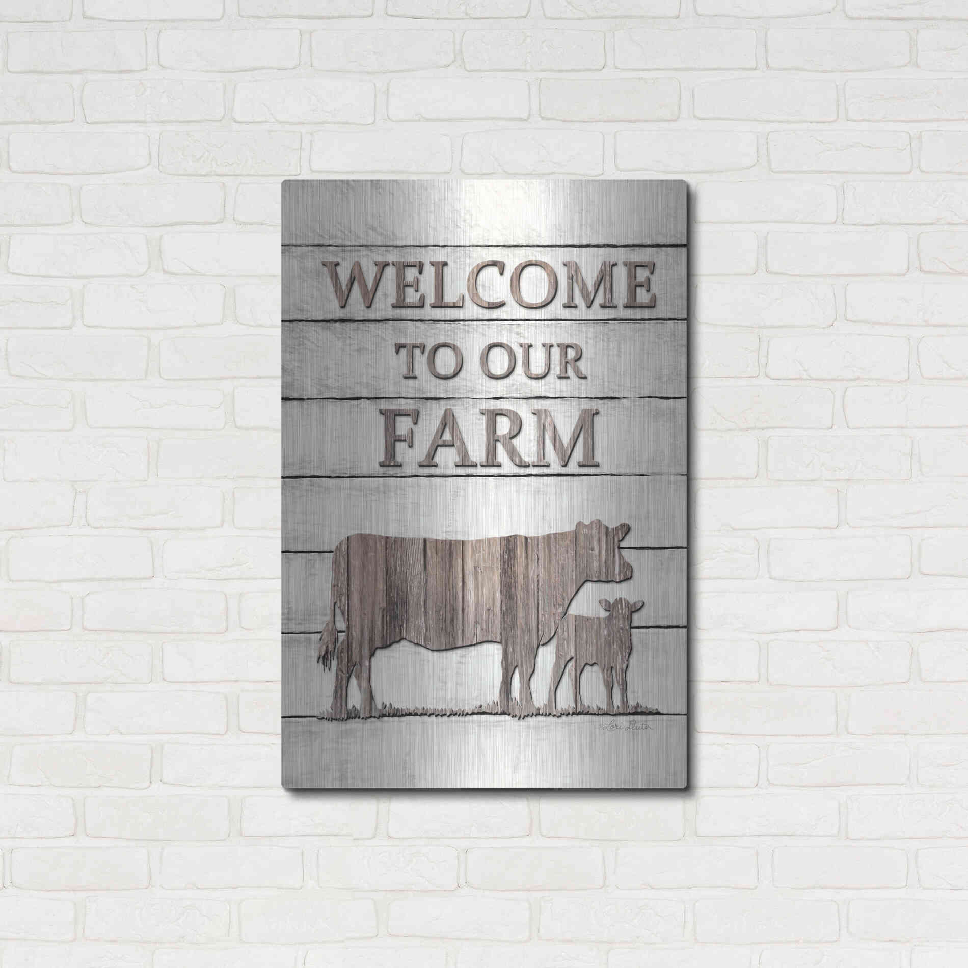 Luxe Metal Art 'Cow Welcome to Our Farm' by Lori Deiter, Metal Wall Art,24x36