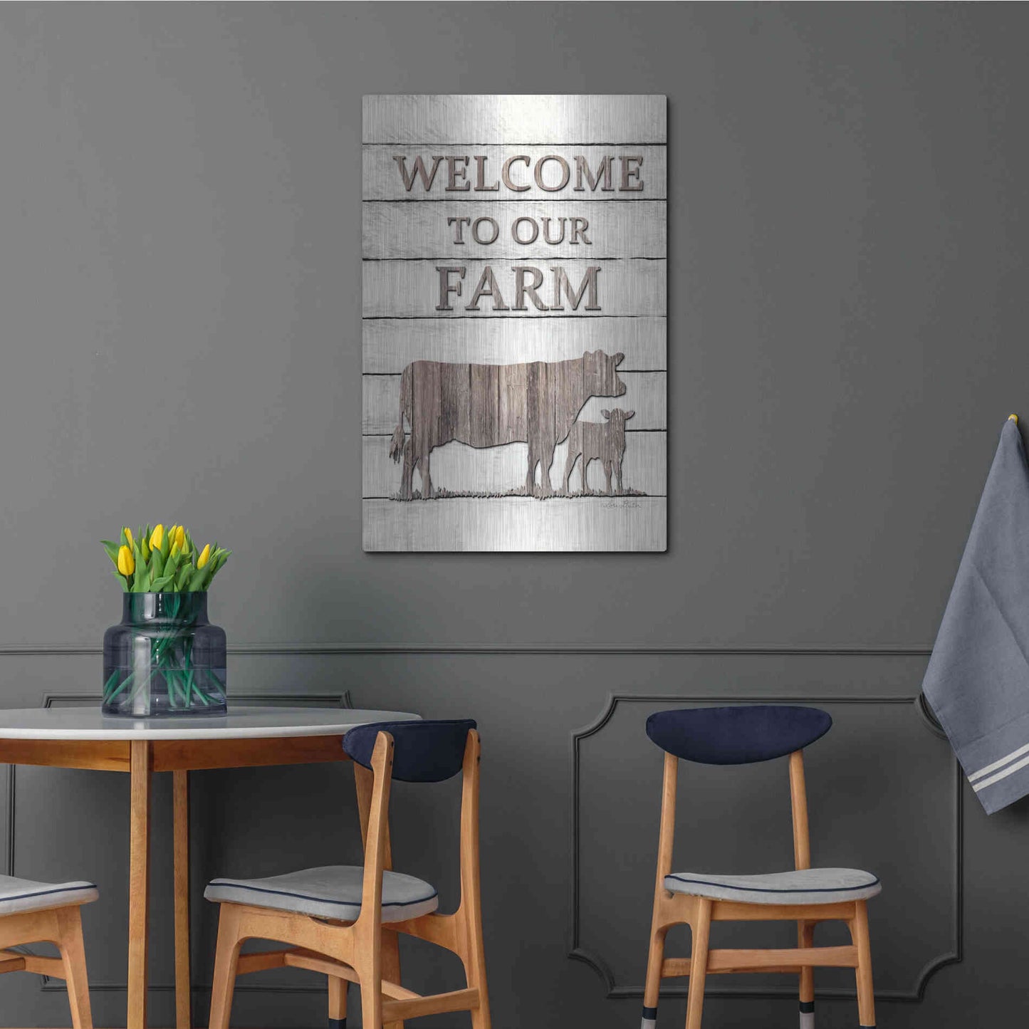 Luxe Metal Art 'Cow Welcome to Our Farm' by Lori Deiter, Metal Wall Art,24x36