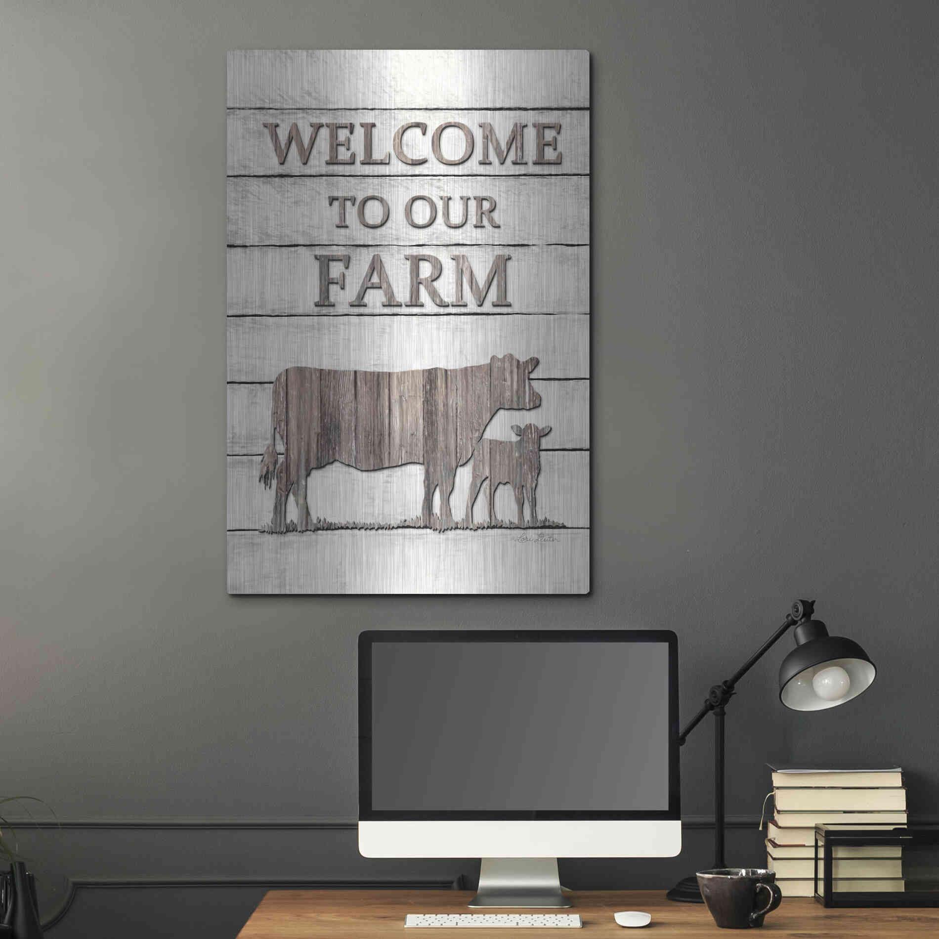 Luxe Metal Art 'Cow Welcome to Our Farm' by Lori Deiter, Metal Wall Art,24x36