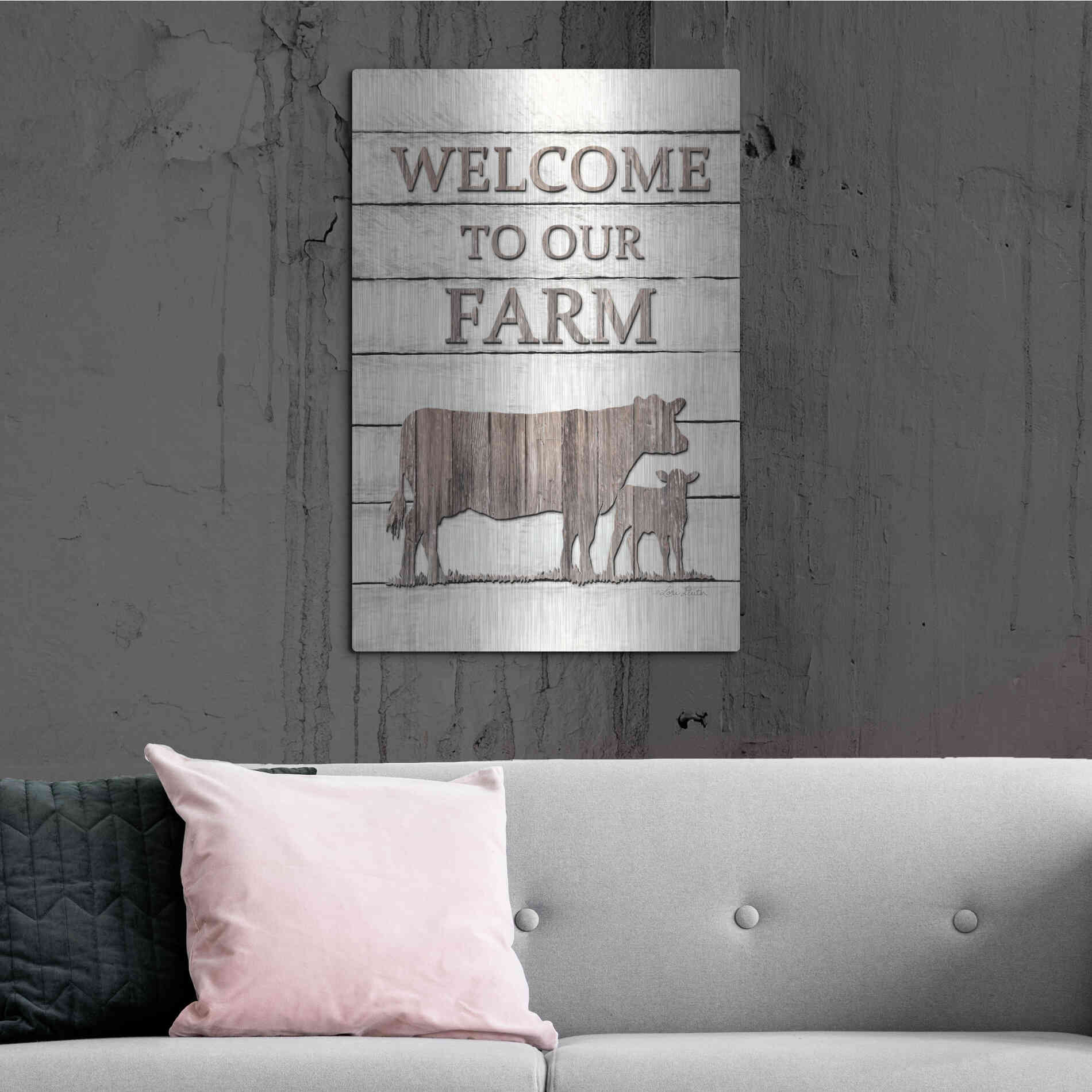 Luxe Metal Art 'Cow Welcome to Our Farm' by Lori Deiter, Metal Wall Art,24x36