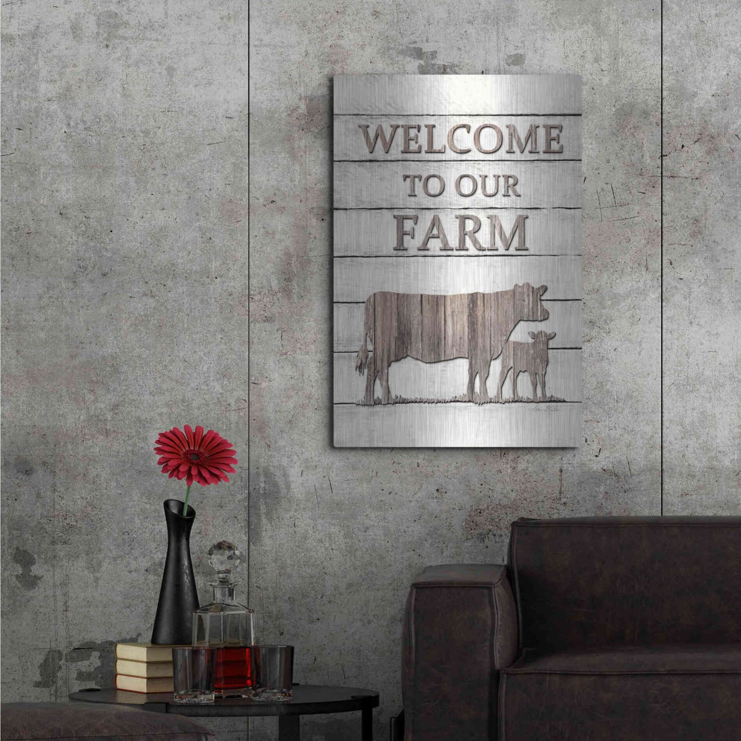 Luxe Metal Art 'Cow Welcome to Our Farm' by Lori Deiter, Metal Wall Art,24x36