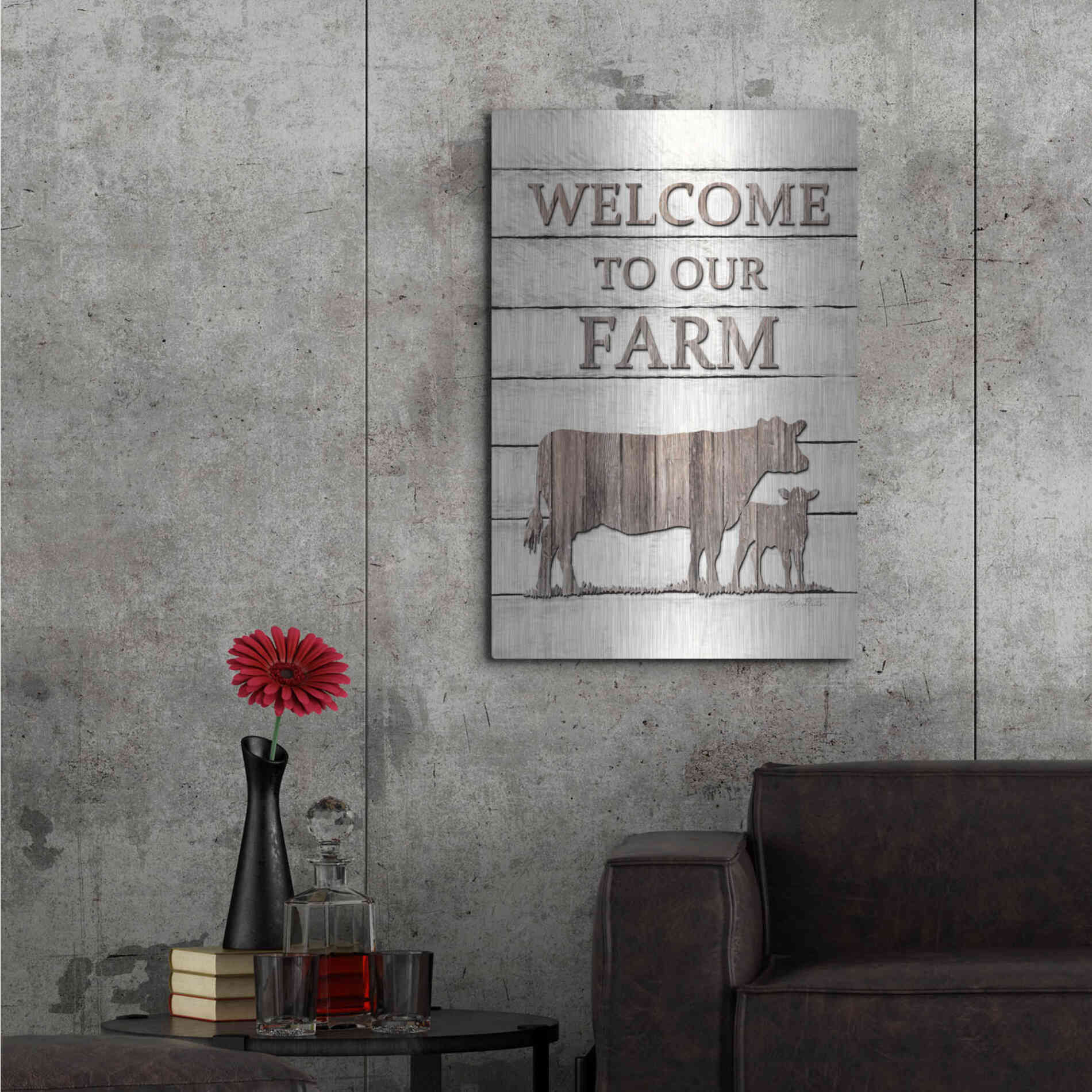 Luxe Metal Art 'Cow Welcome to Our Farm' by Lori Deiter, Metal Wall Art,24x36