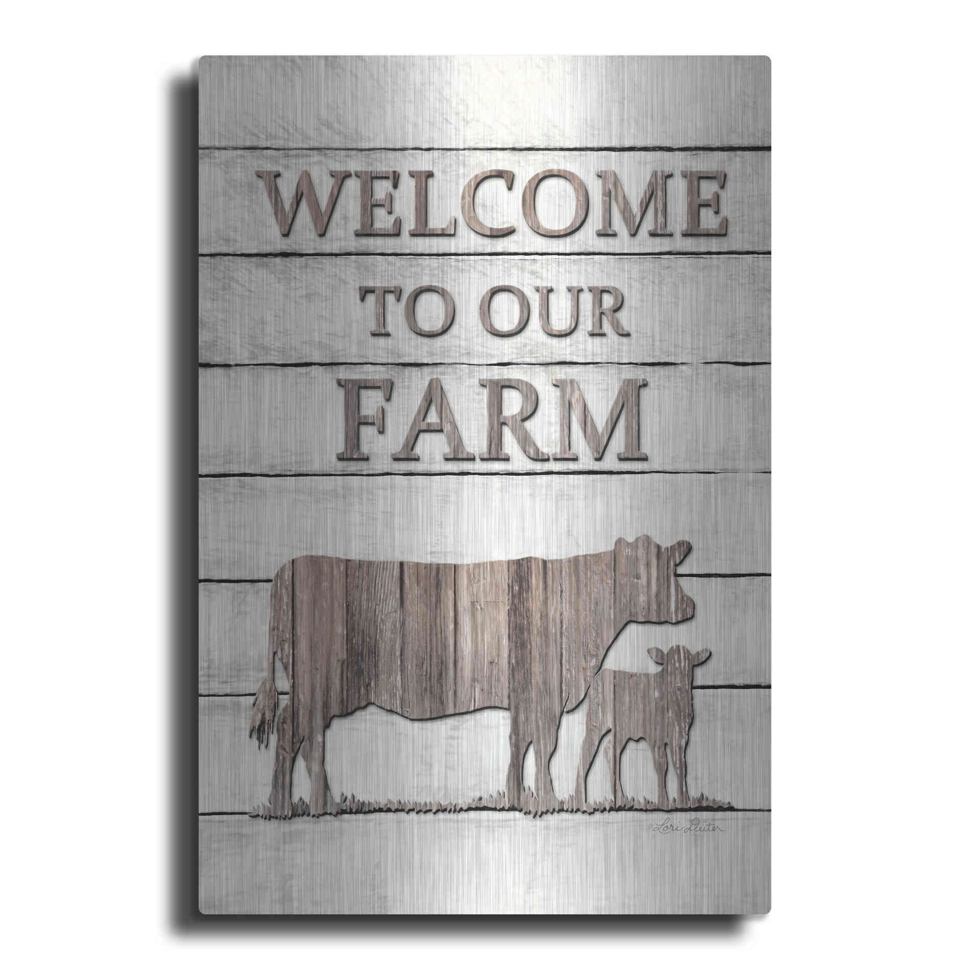 Luxe Metal Art 'Cow Welcome to Our Farm' by Lori Deiter, Metal Wall Art