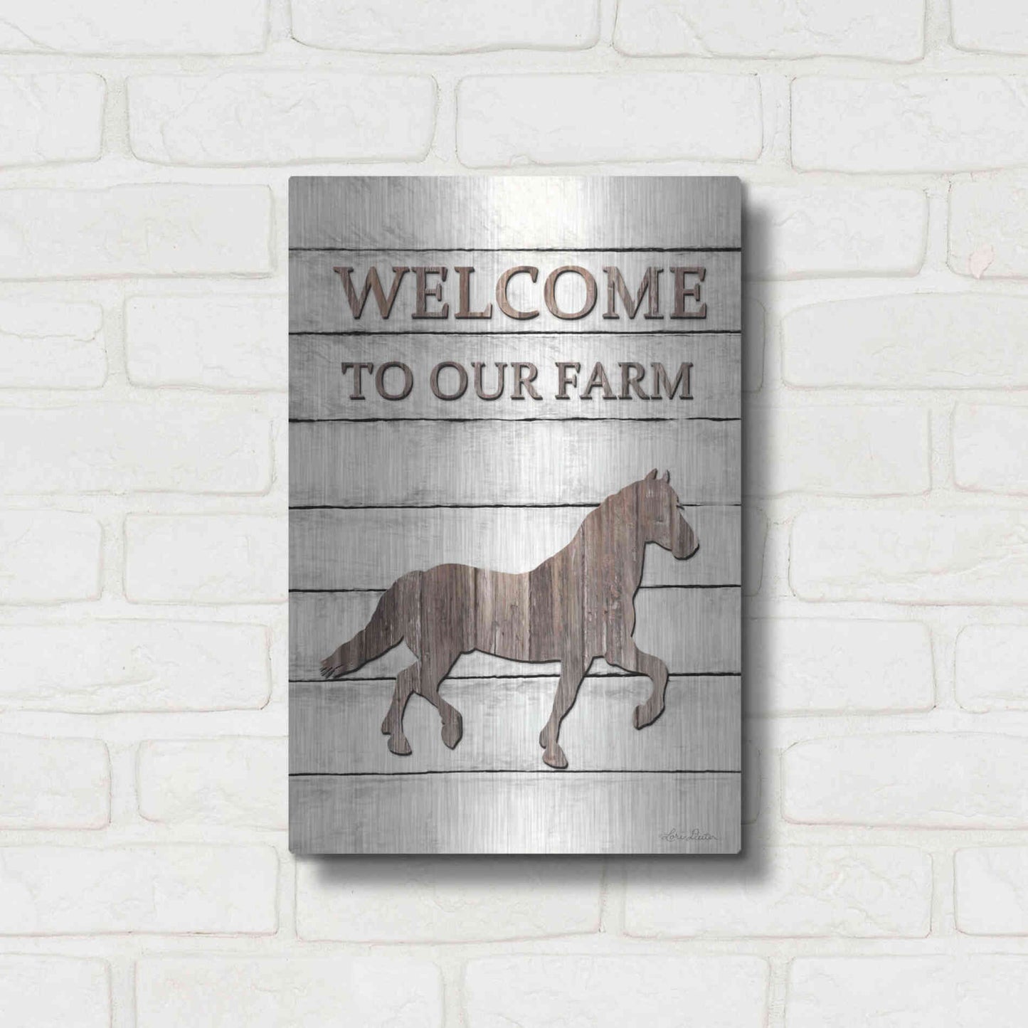 Luxe Metal Art 'Horse Welcome to Our Farm' by Lori Deiter, Metal Wall Art,12x16