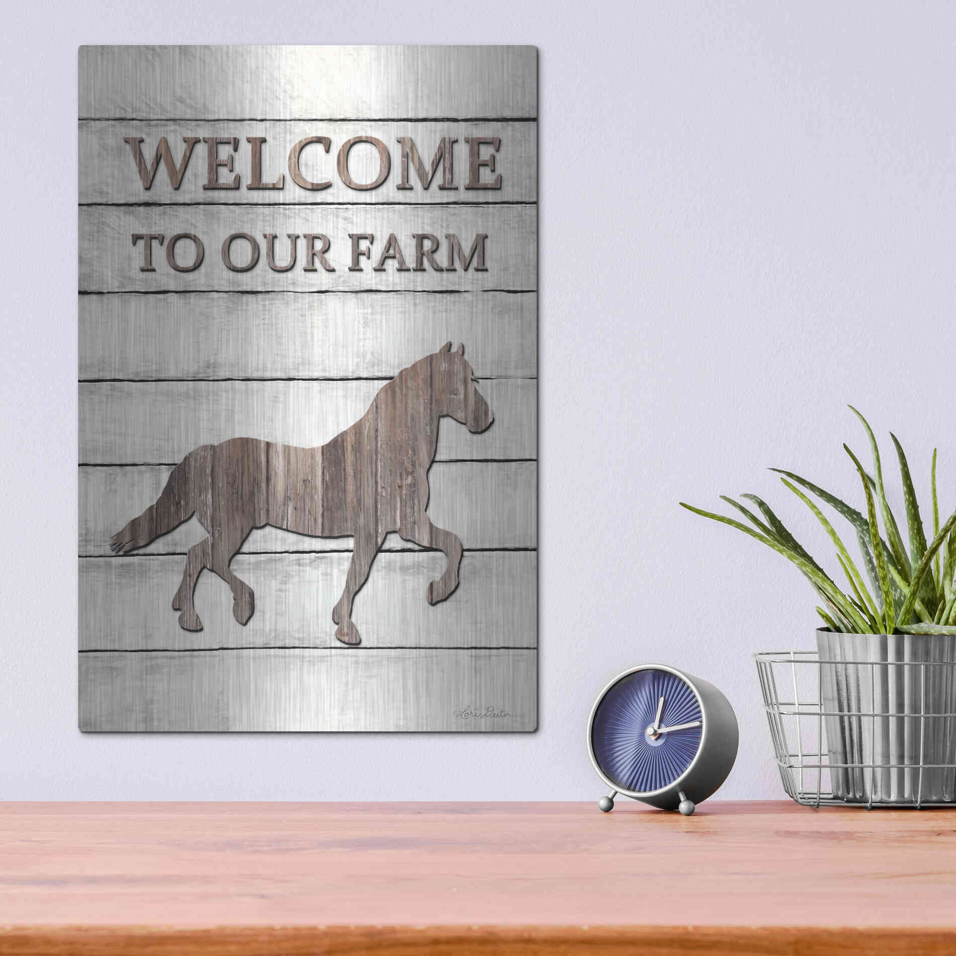 Luxe Metal Art 'Horse Welcome to Our Farm' by Lori Deiter, Metal Wall Art,12x16