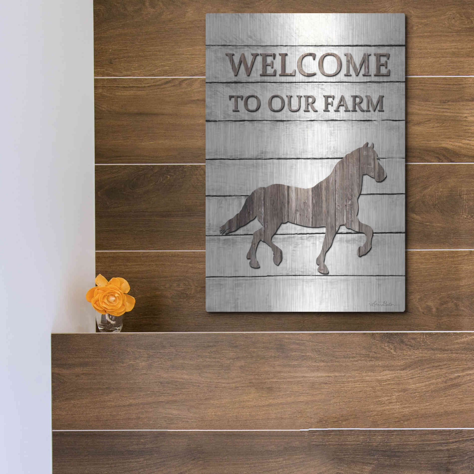 Luxe Metal Art 'Horse Welcome to Our Farm' by Lori Deiter, Metal Wall Art,12x16