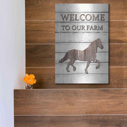 Luxe Metal Art 'Horse Welcome to Our Farm' by Lori Deiter, Metal Wall Art,12x16