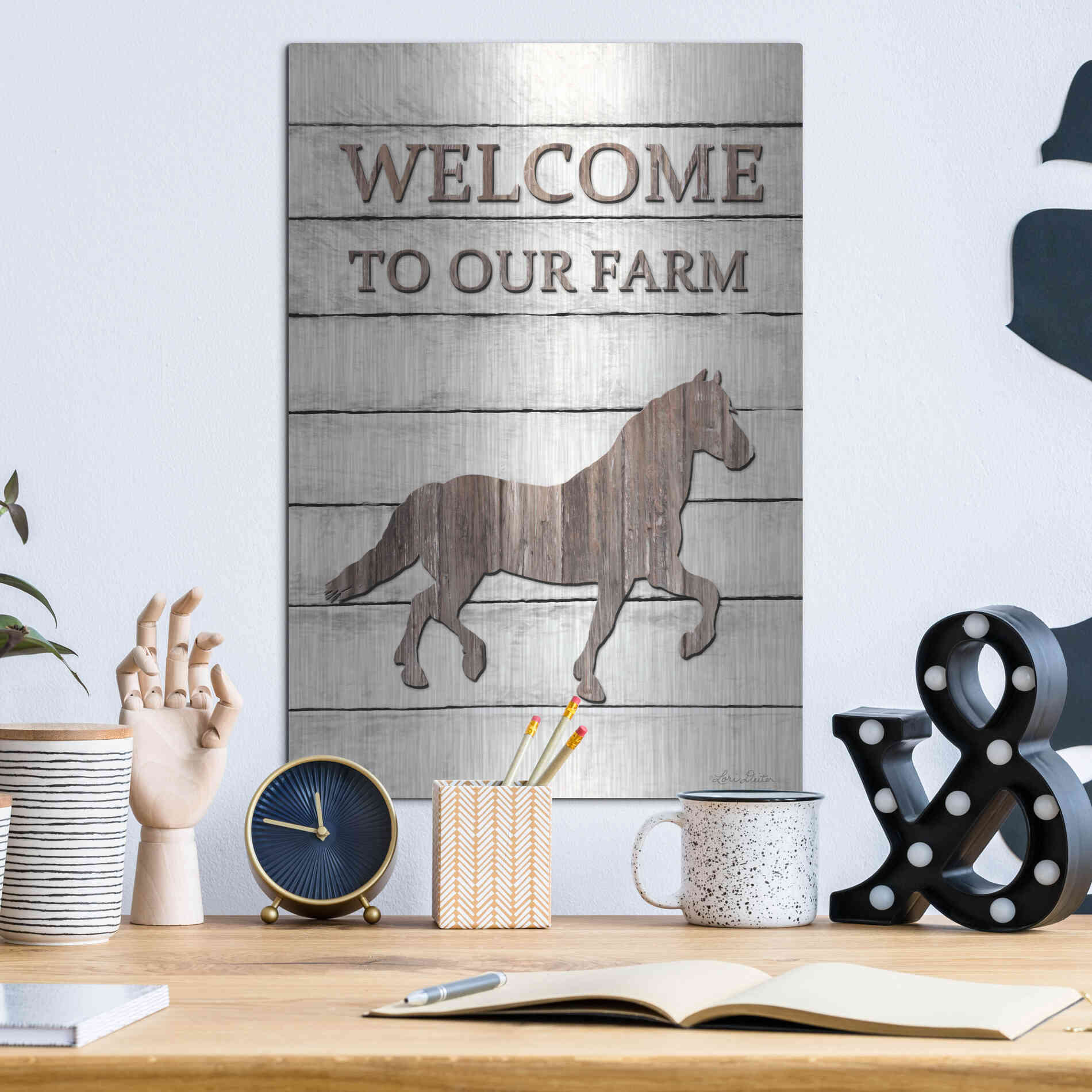 Luxe Metal Art 'Horse Welcome to Our Farm' by Lori Deiter, Metal Wall Art,12x16