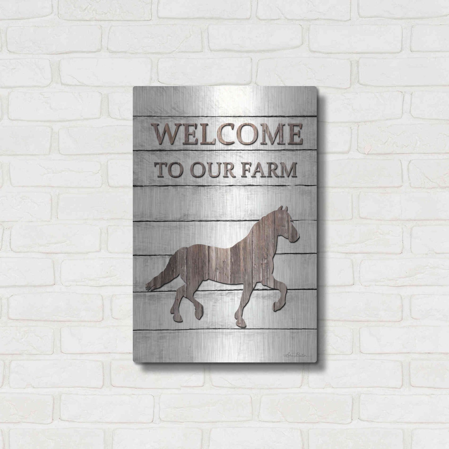 Luxe Metal Art 'Horse Welcome to Our Farm' by Lori Deiter, Metal Wall Art,16x24