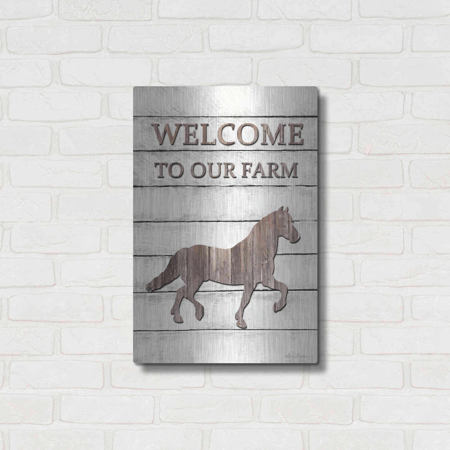 Luxe Metal Art 'Horse Welcome to Our Farm' by Lori Deiter, Metal Wall Art,16x24