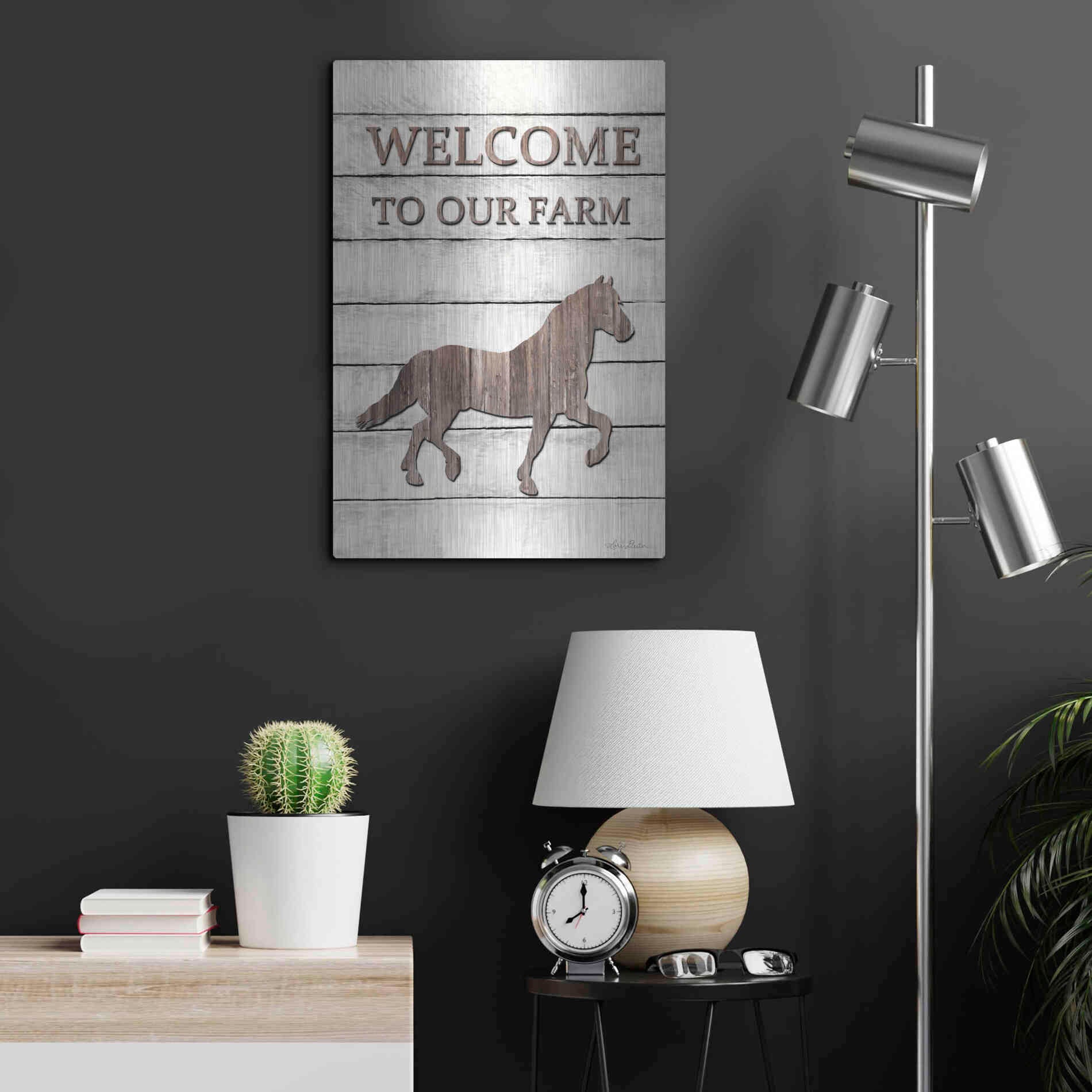 Luxe Metal Art 'Horse Welcome to Our Farm' by Lori Deiter, Metal Wall Art,16x24