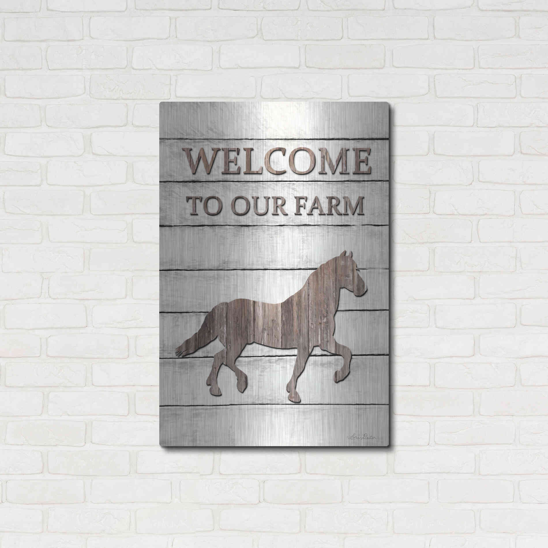 Luxe Metal Art 'Horse Welcome to Our Farm' by Lori Deiter, Metal Wall Art,24x36