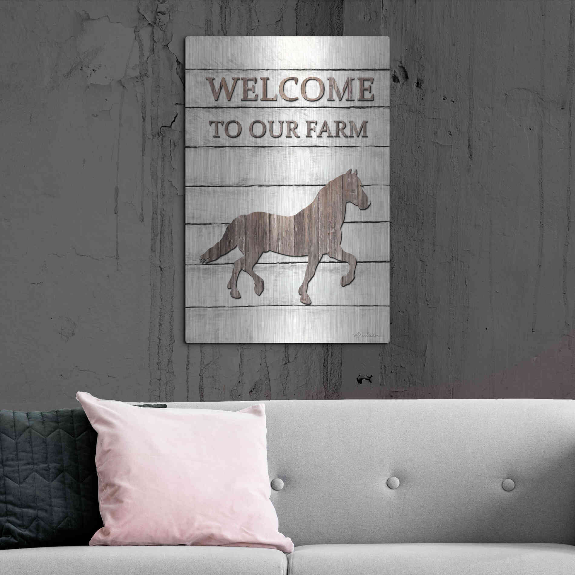 Luxe Metal Art 'Horse Welcome to Our Farm' by Lori Deiter, Metal Wall Art,24x36