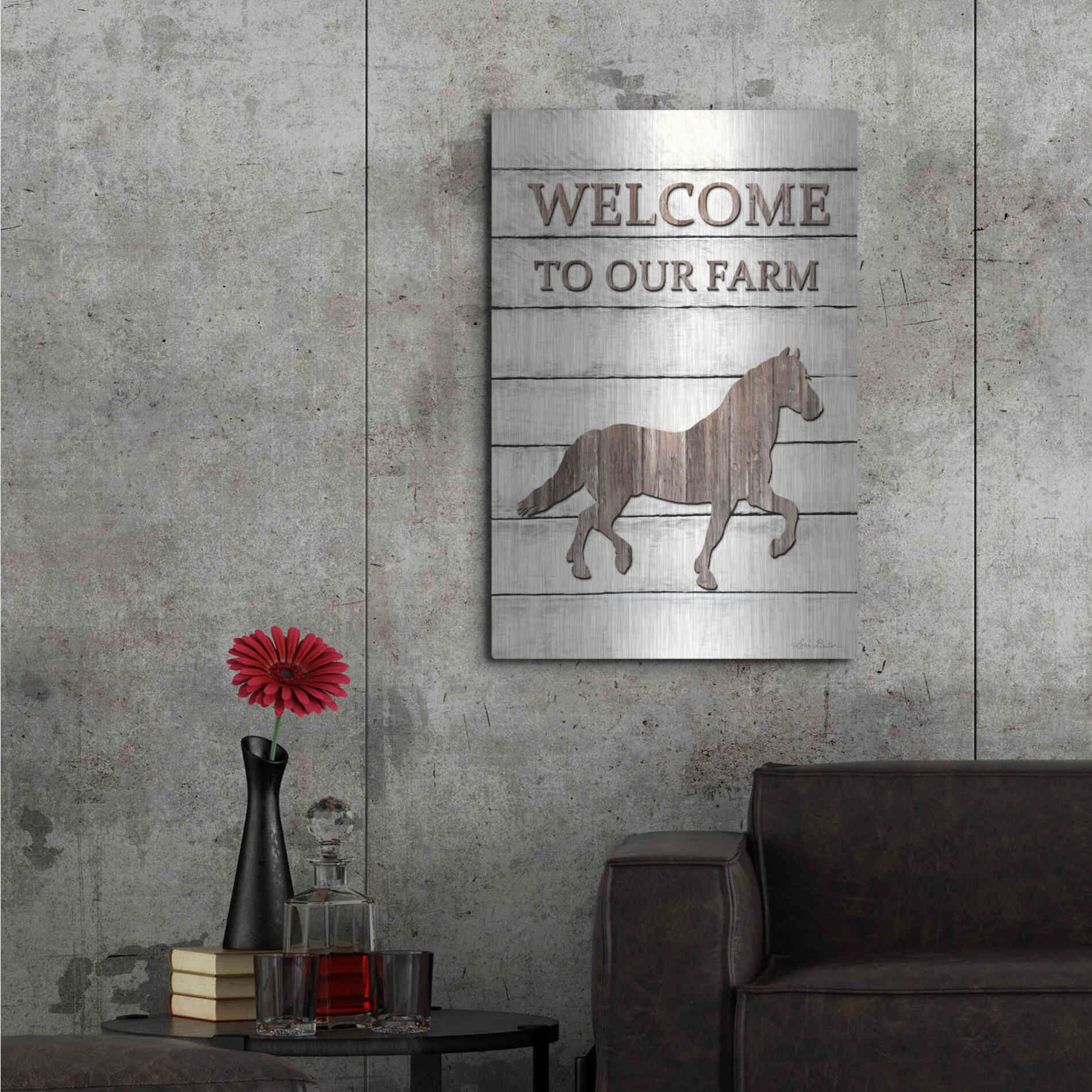 Luxe Metal Art 'Horse Welcome to Our Farm' by Lori Deiter, Metal Wall Art,24x36