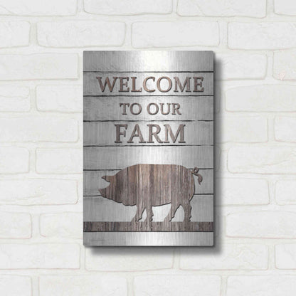 Luxe Metal Art 'Pig Welcome to Our Farm' by Lori Deiter, Metal Wall Art,12x16