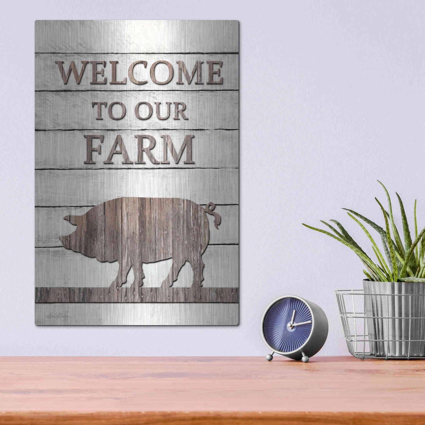 Luxe Metal Art 'Pig Welcome to Our Farm' by Lori Deiter, Metal Wall Art,12x16