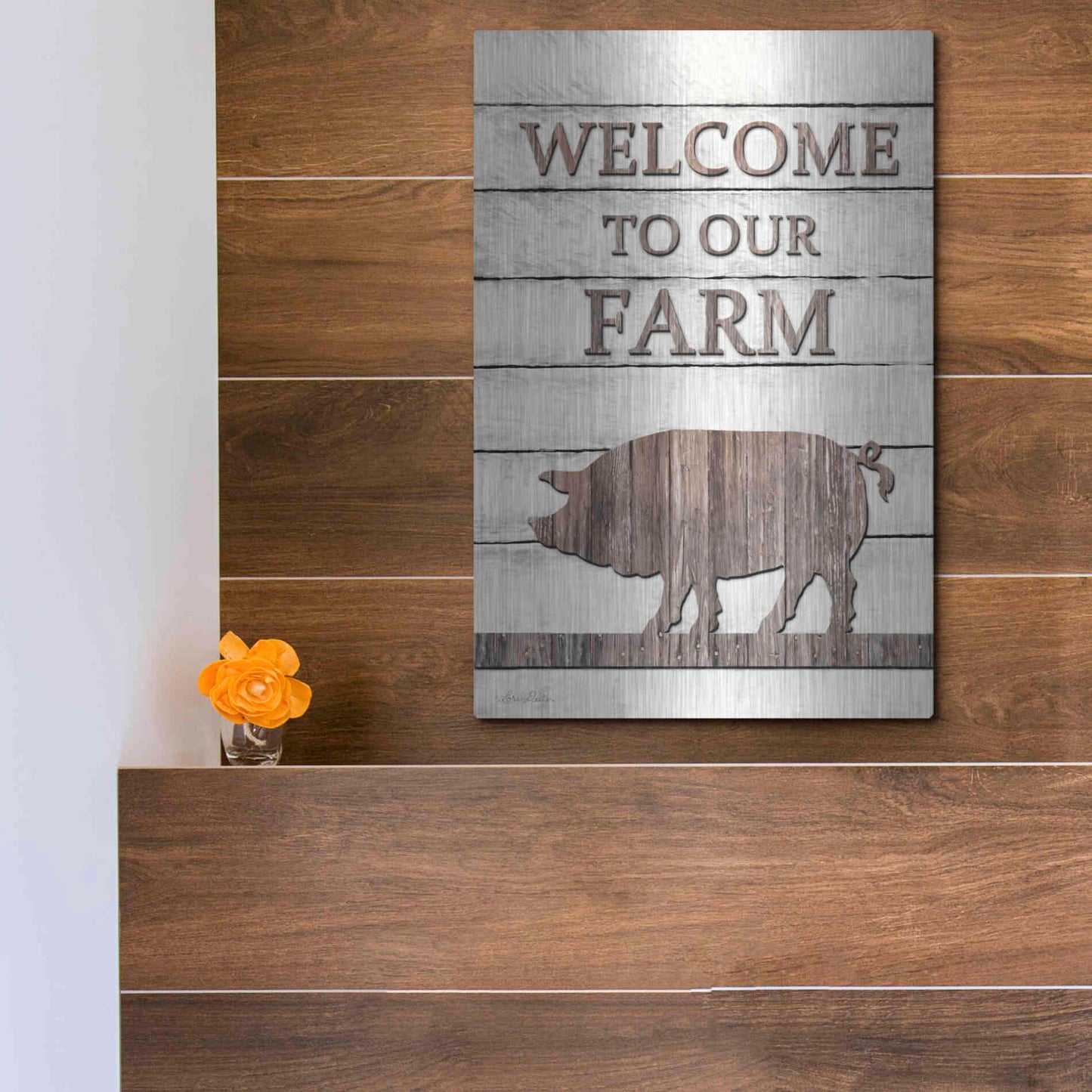 Luxe Metal Art 'Pig Welcome to Our Farm' by Lori Deiter, Metal Wall Art,12x16