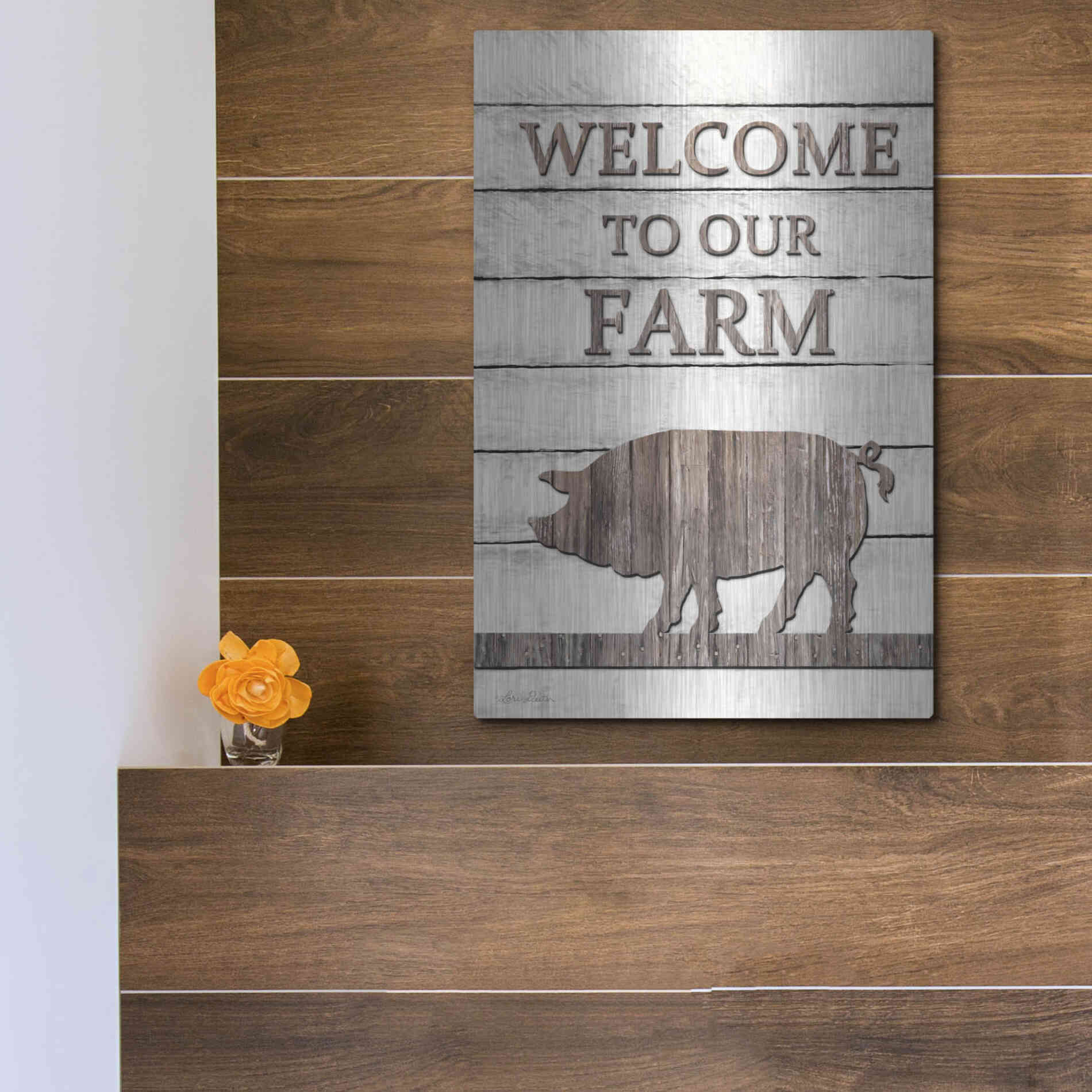 Luxe Metal Art 'Pig Welcome to Our Farm' by Lori Deiter, Metal Wall Art,12x16