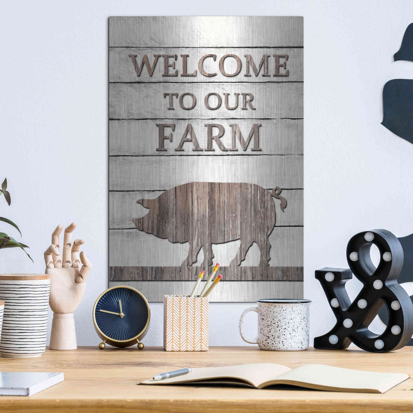 Luxe Metal Art 'Pig Welcome to Our Farm' by Lori Deiter, Metal Wall Art,12x16