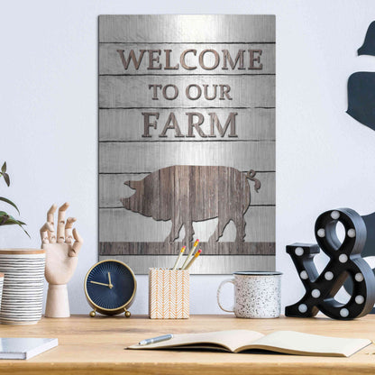 Luxe Metal Art 'Pig Welcome to Our Farm' by Lori Deiter, Metal Wall Art,12x16