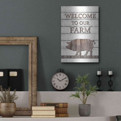 Luxe Metal Art 'Pig Welcome to Our Farm' by Lori Deiter, Metal Wall Art,12x16