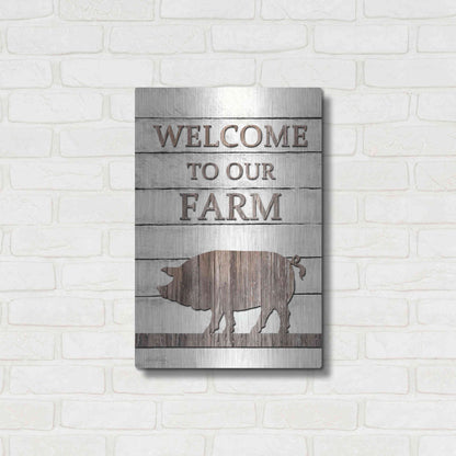 Luxe Metal Art 'Pig Welcome to Our Farm' by Lori Deiter, Metal Wall Art,16x24