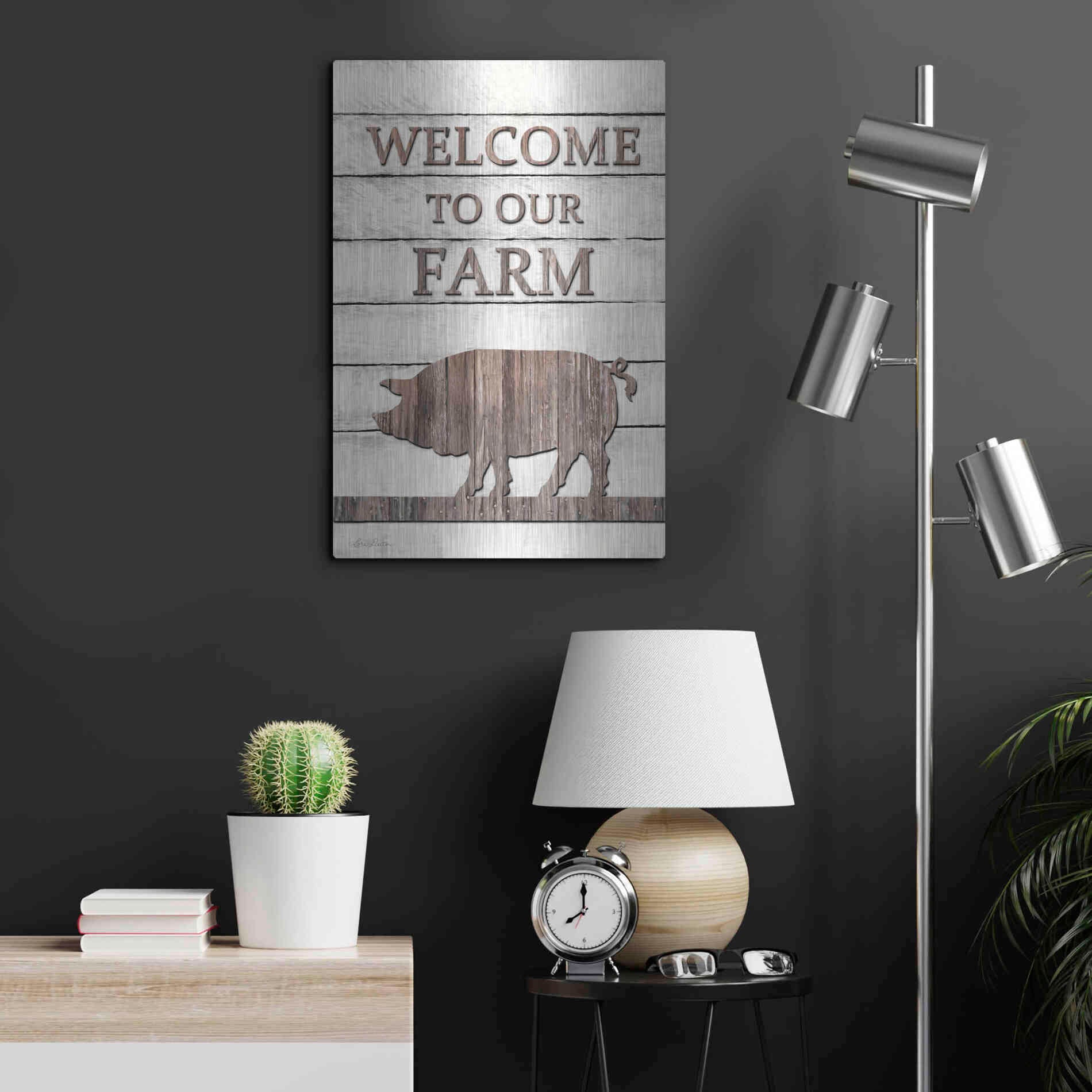 Luxe Metal Art 'Pig Welcome to Our Farm' by Lori Deiter, Metal Wall Art,16x24
