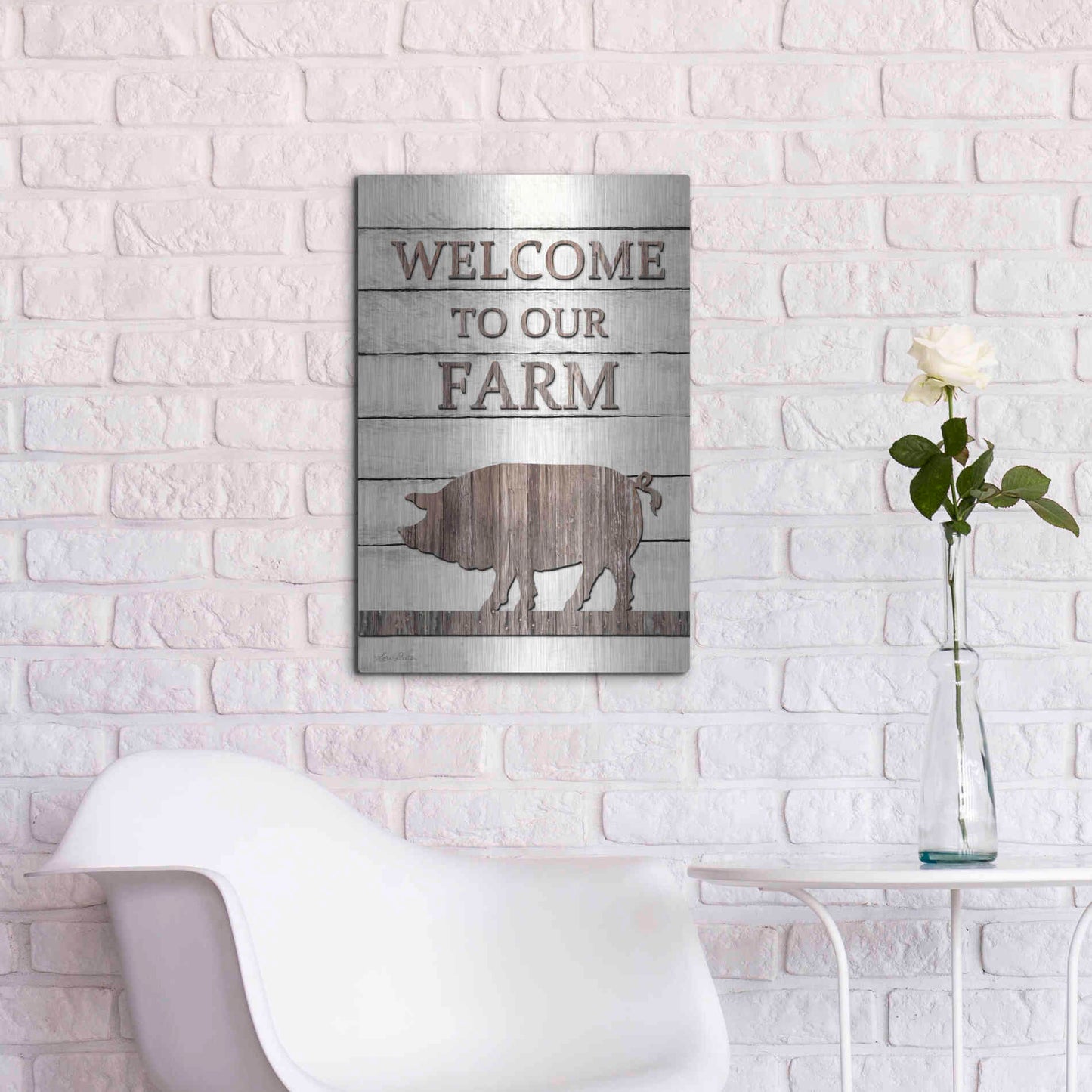 Luxe Metal Art 'Pig Welcome to Our Farm' by Lori Deiter, Metal Wall Art,16x24