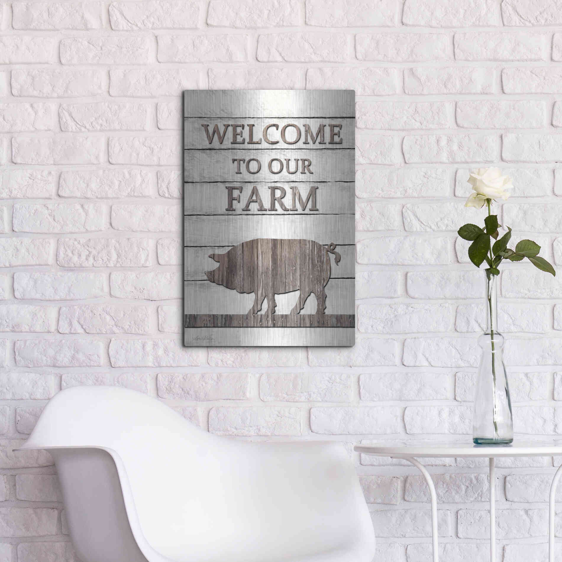 Luxe Metal Art 'Pig Welcome to Our Farm' by Lori Deiter, Metal Wall Art,16x24
