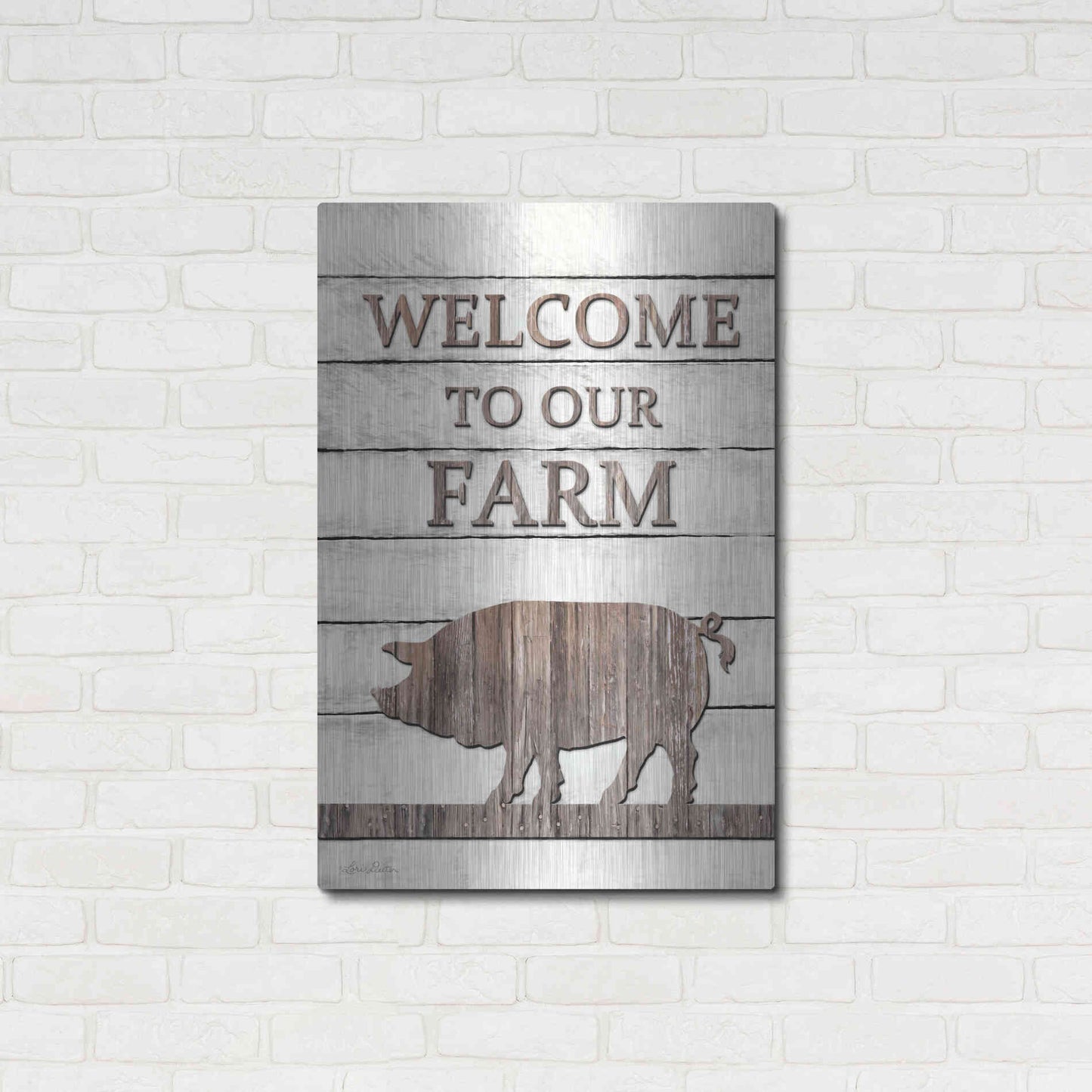 Luxe Metal Art 'Pig Welcome to Our Farm' by Lori Deiter, Metal Wall Art,24x36