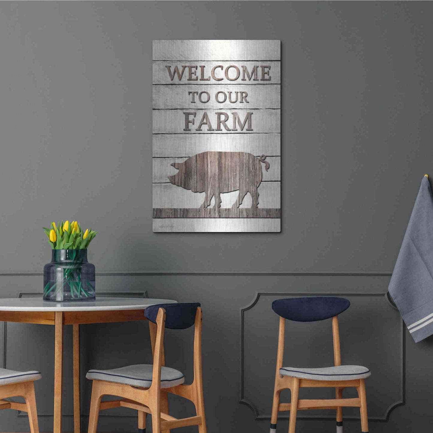 Luxe Metal Art 'Pig Welcome to Our Farm' by Lori Deiter, Metal Wall Art,24x36