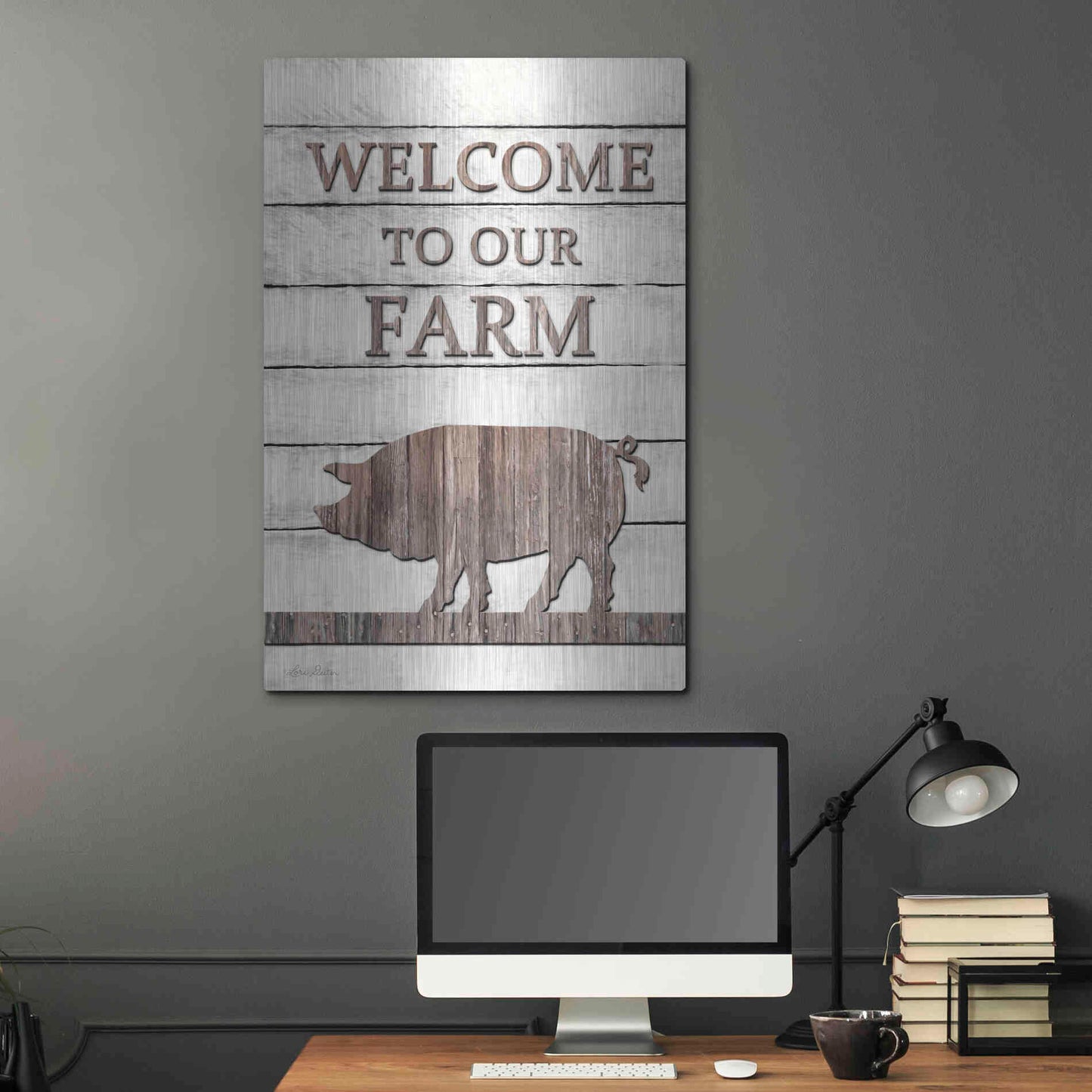 Luxe Metal Art 'Pig Welcome to Our Farm' by Lori Deiter, Metal Wall Art,24x36