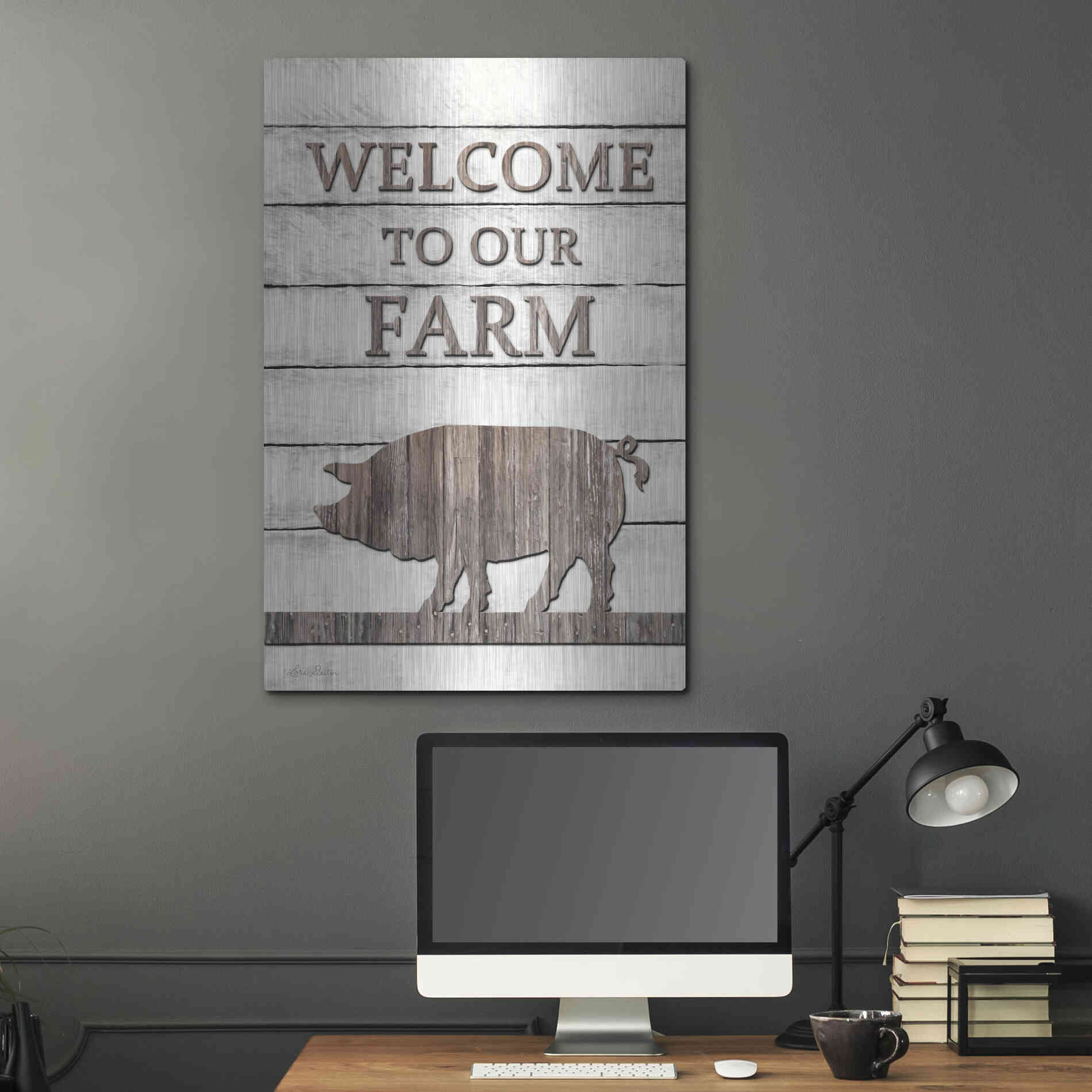 Luxe Metal Art 'Pig Welcome to Our Farm' by Lori Deiter, Metal Wall Art,24x36