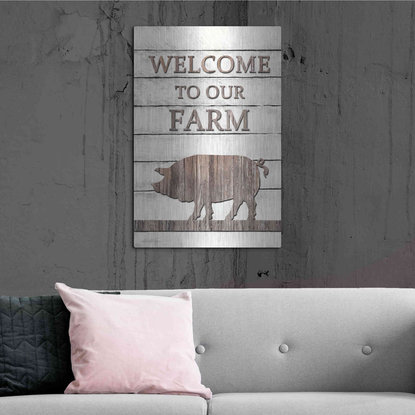 Luxe Metal Art 'Pig Welcome to Our Farm' by Lori Deiter, Metal Wall Art,24x36