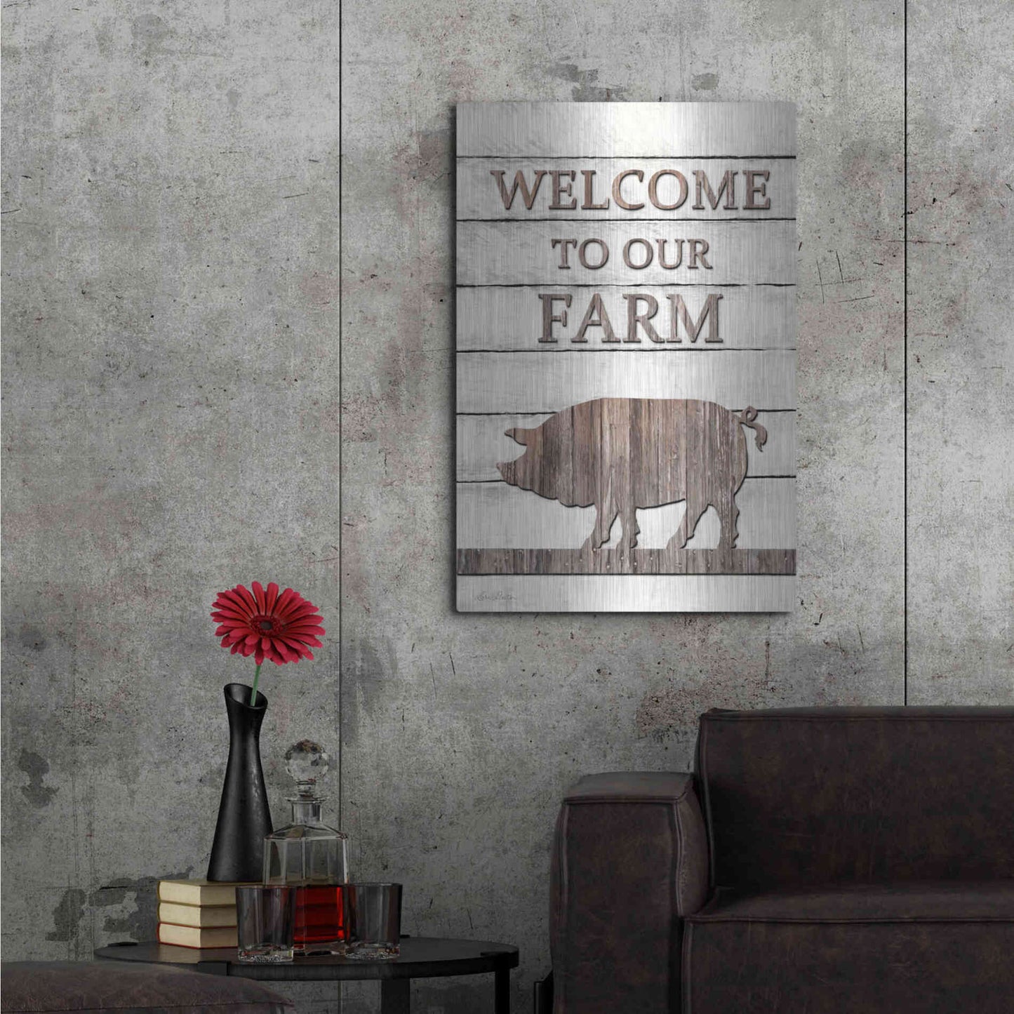 Luxe Metal Art 'Pig Welcome to Our Farm' by Lori Deiter, Metal Wall Art,24x36