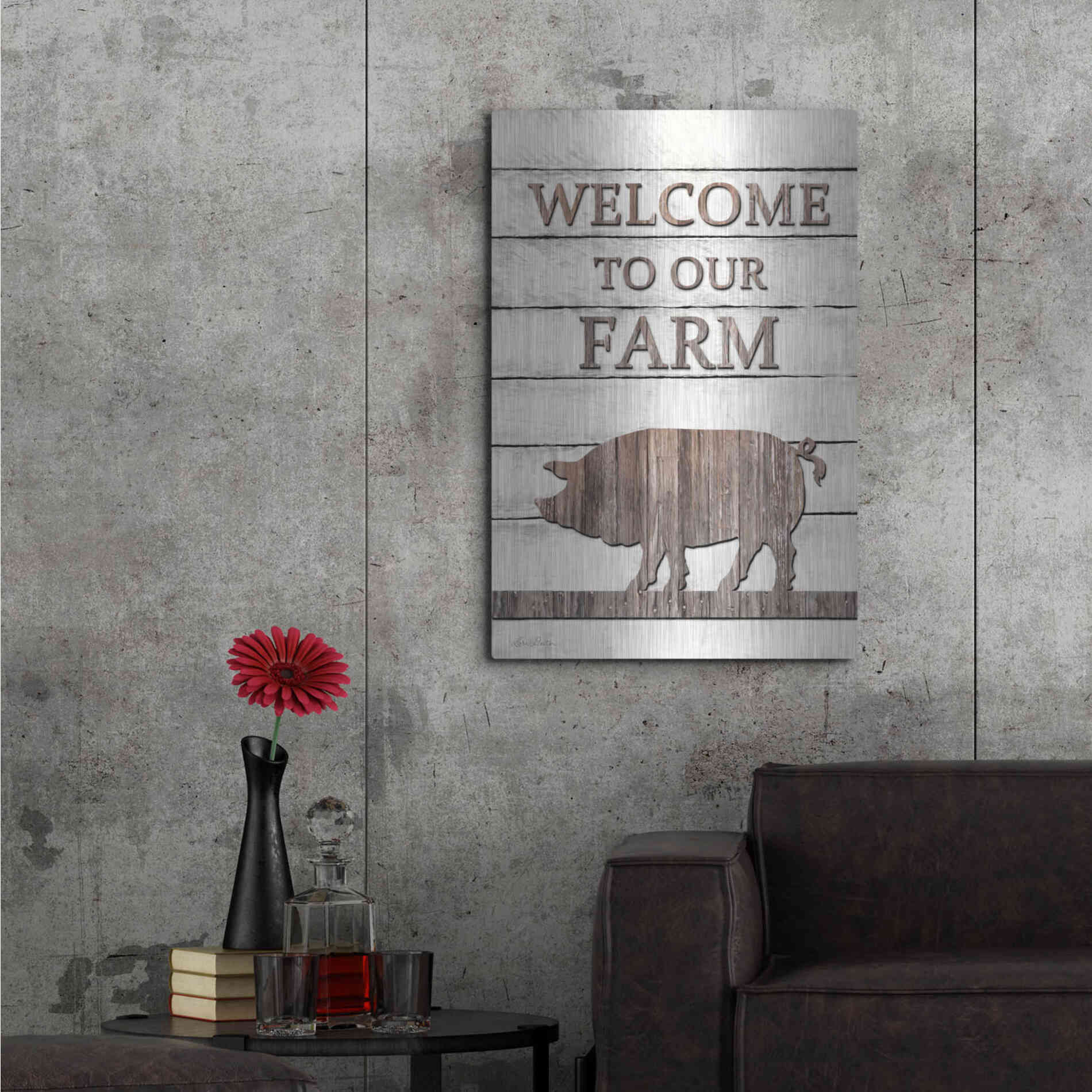 Luxe Metal Art 'Pig Welcome to Our Farm' by Lori Deiter, Metal Wall Art,24x36
