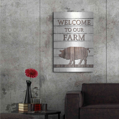 Luxe Metal Art 'Pig Welcome to Our Farm' by Lori Deiter, Metal Wall Art,24x36