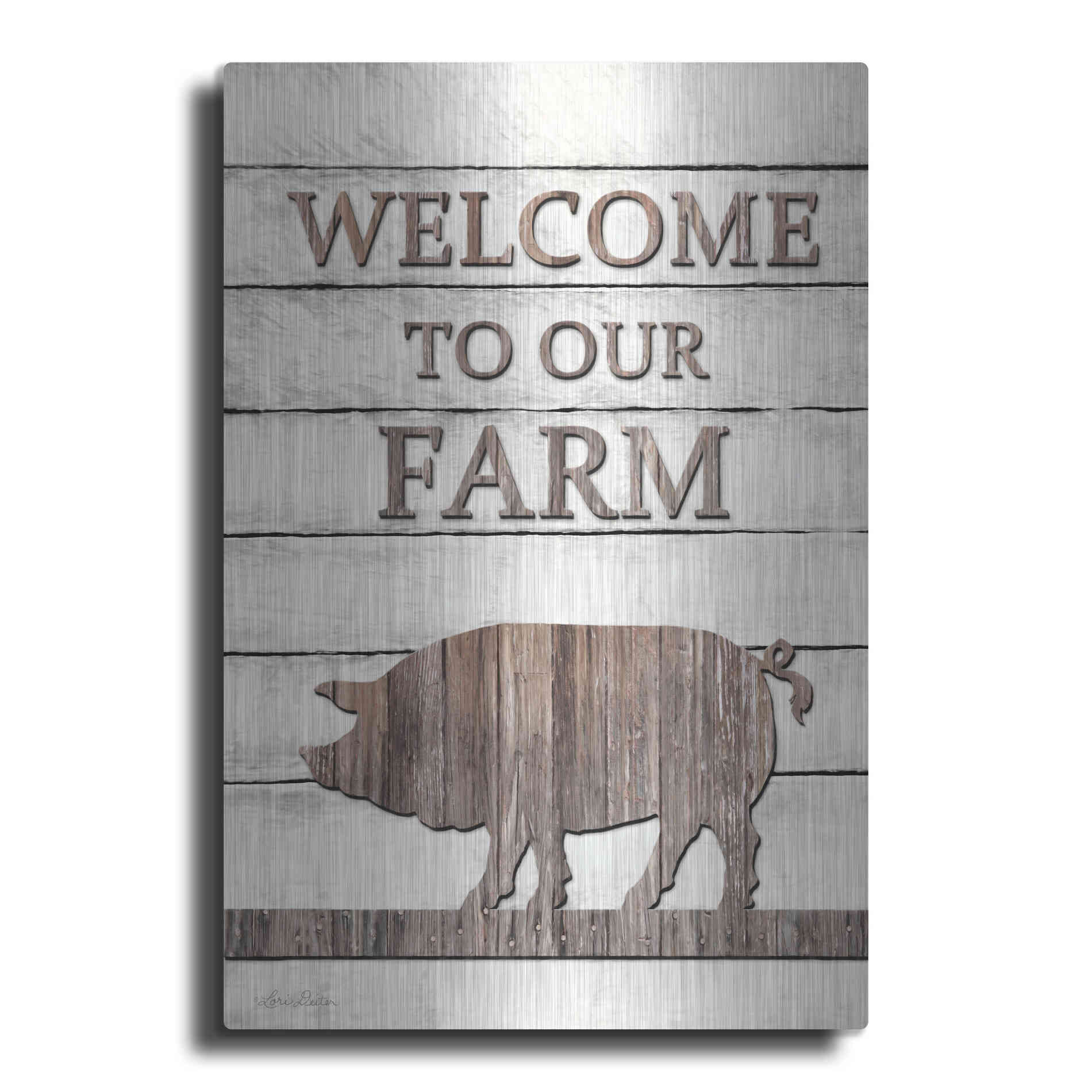Luxe Metal Art 'Pig Welcome to Our Farm' by Lori Deiter, Metal Wall Art