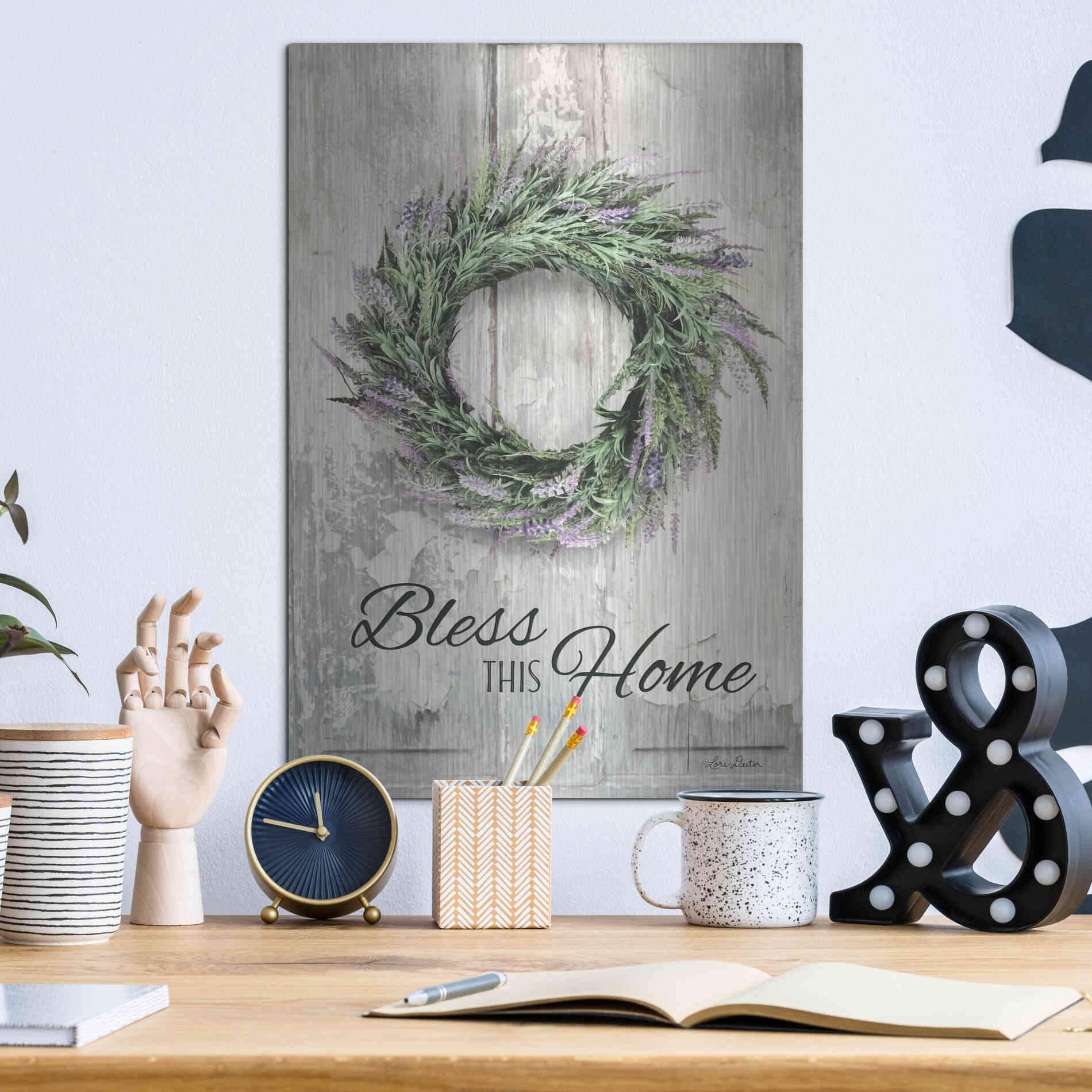 Luxe Metal Art 'Bless This Home - Lavender' by Lori Deiter, Metal Wall Art,12x16