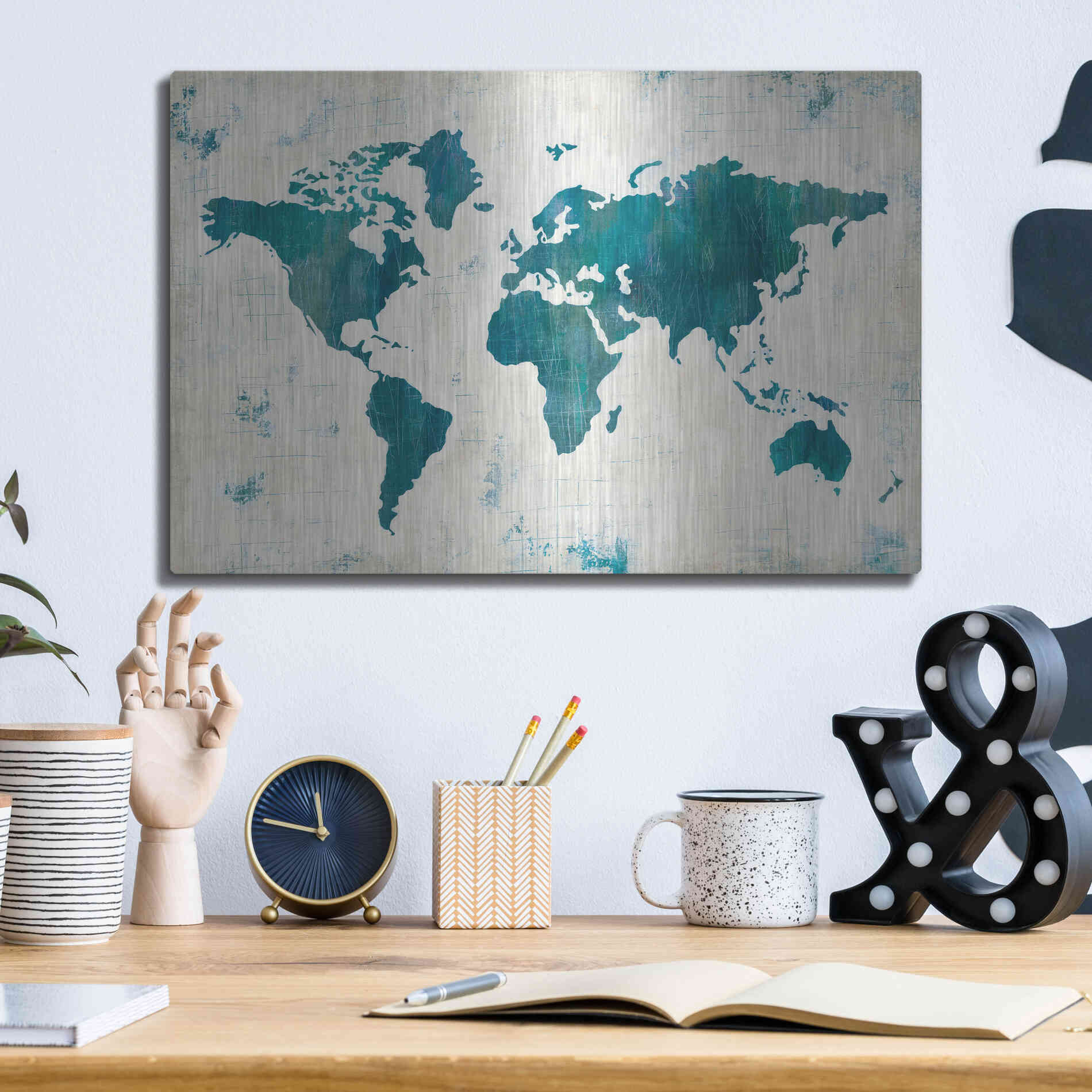 Luxe Metal Art 'Discover the World Blue' by Melissa Averinos, Metal Wall Art,16x12