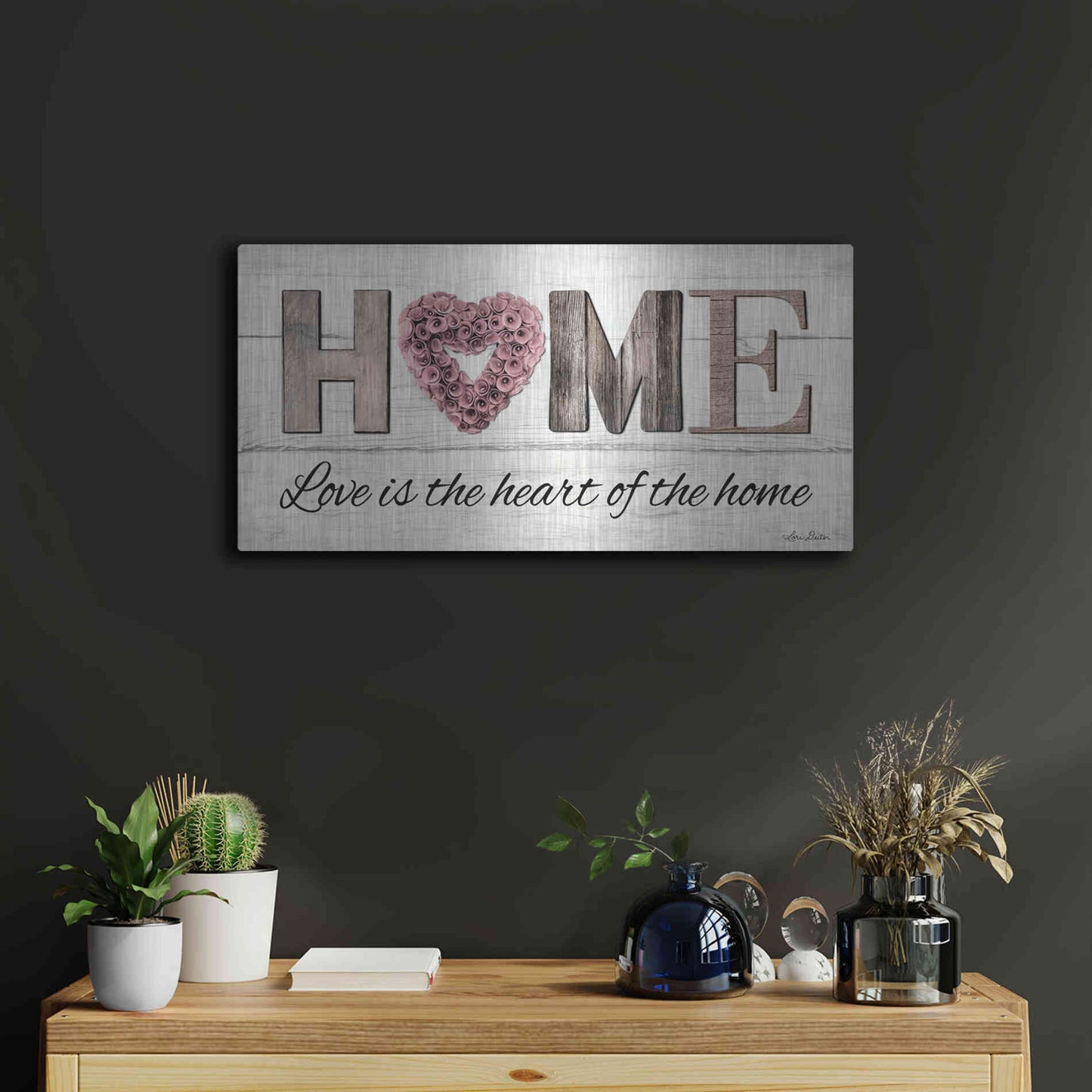 Luxe Metal Art 'Love is the Heart of the Home' by Lori Deiter, Metal Wall Art,24x12