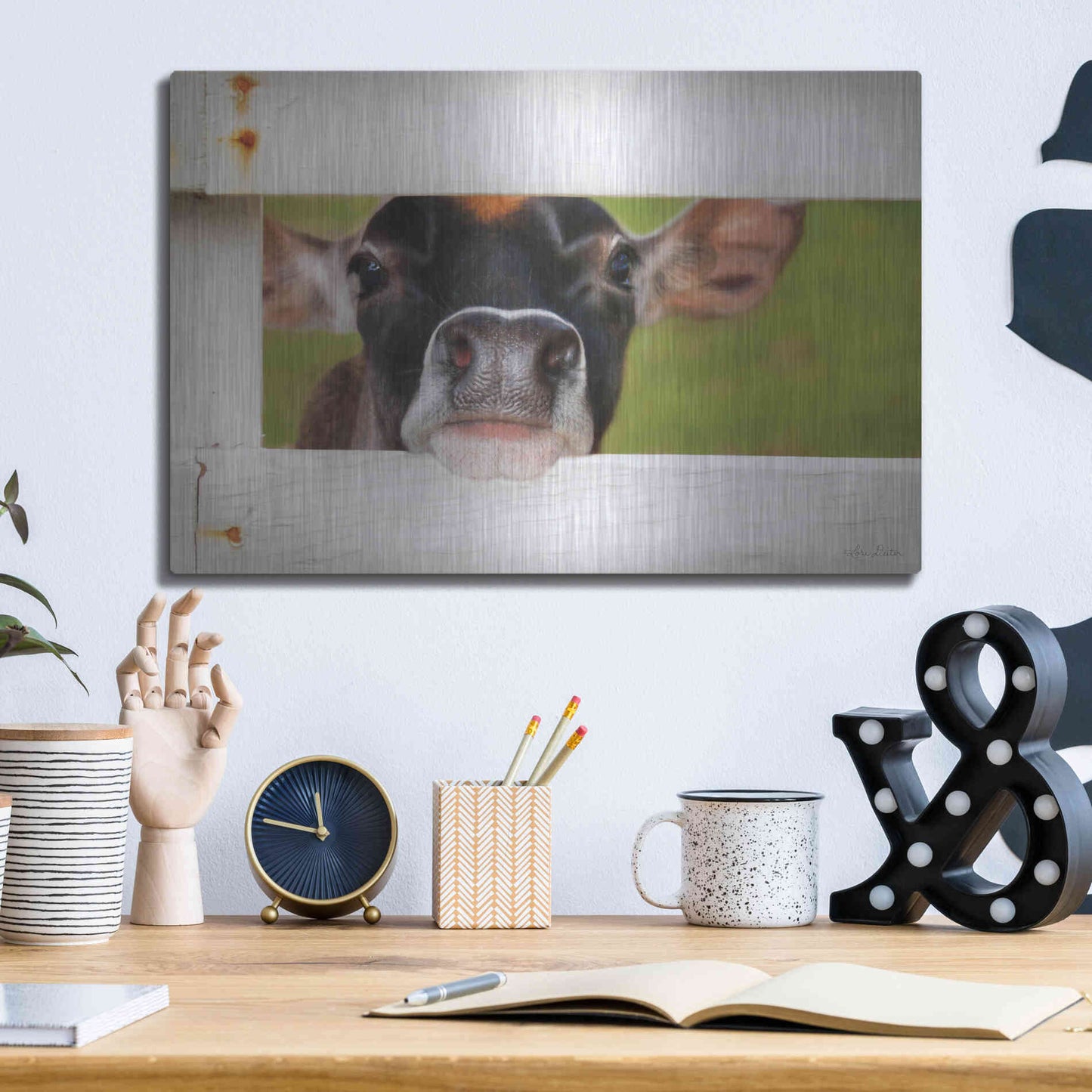 Luxe Metal Art 'Cow at Fence' by Lori Deiter, Metal Wall Art,16x12