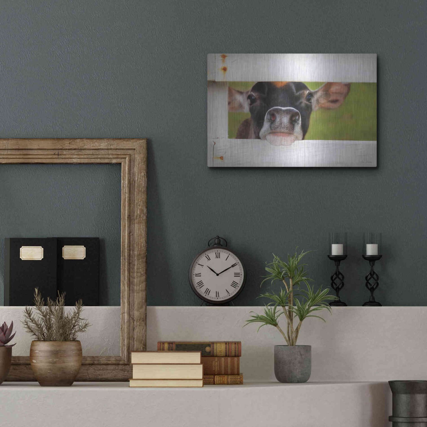 Luxe Metal Art 'Cow at Fence' by Lori Deiter, Metal Wall Art,16x12