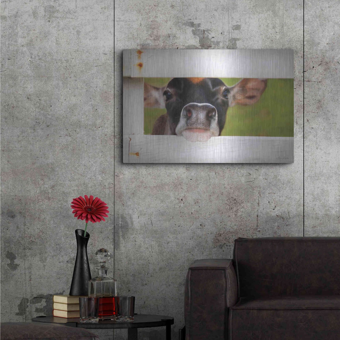 Luxe Metal Art 'Cow at Fence' by Lori Deiter, Metal Wall Art,36x24