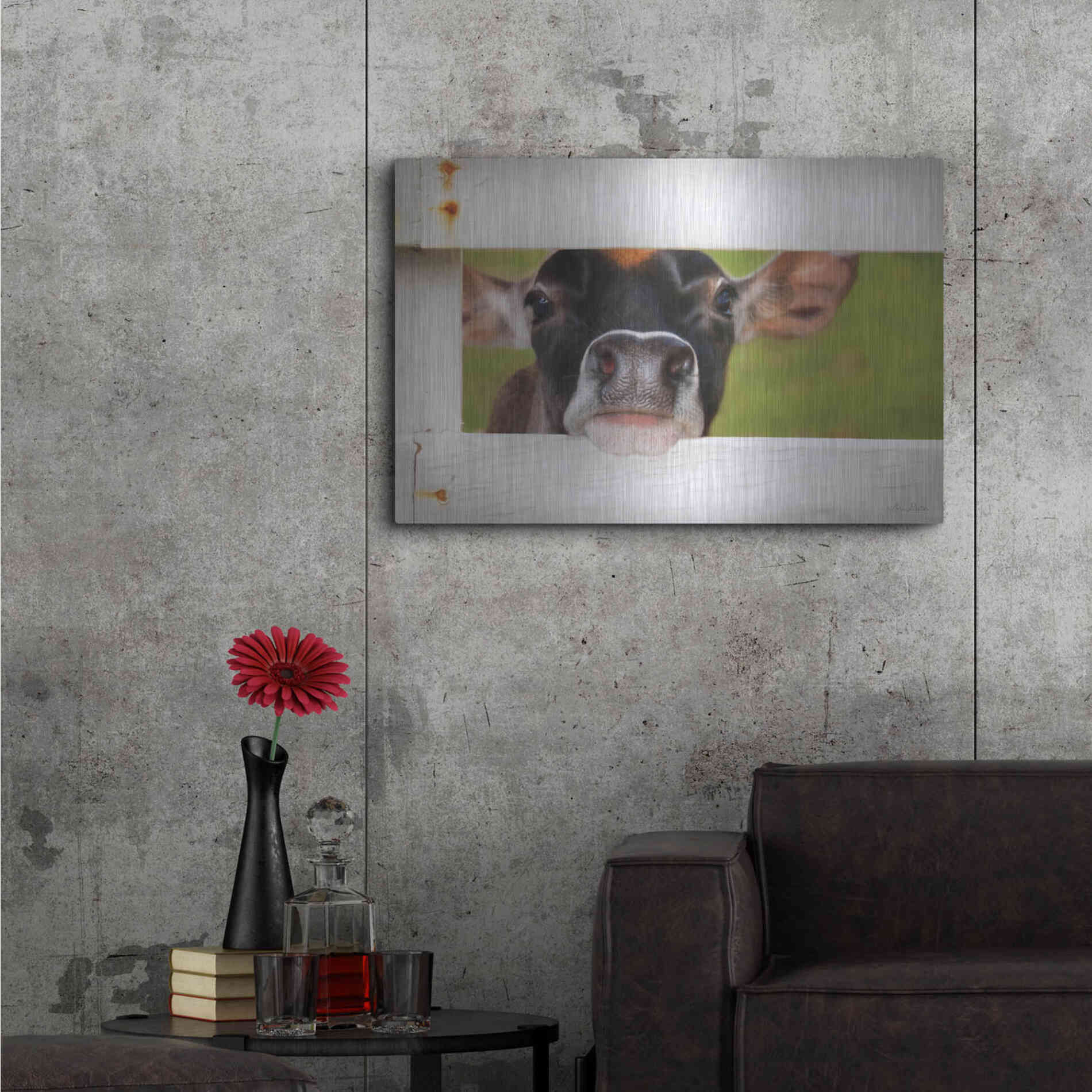 Luxe Metal Art 'Cow at Fence' by Lori Deiter, Metal Wall Art,36x24