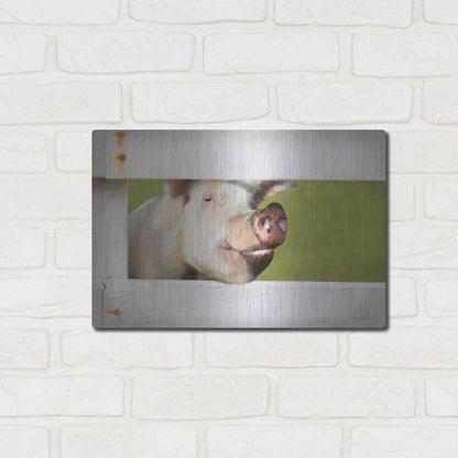 Luxe Metal Art 'Pig at Fence' by Lori Deiter, Metal Wall Art,16x12