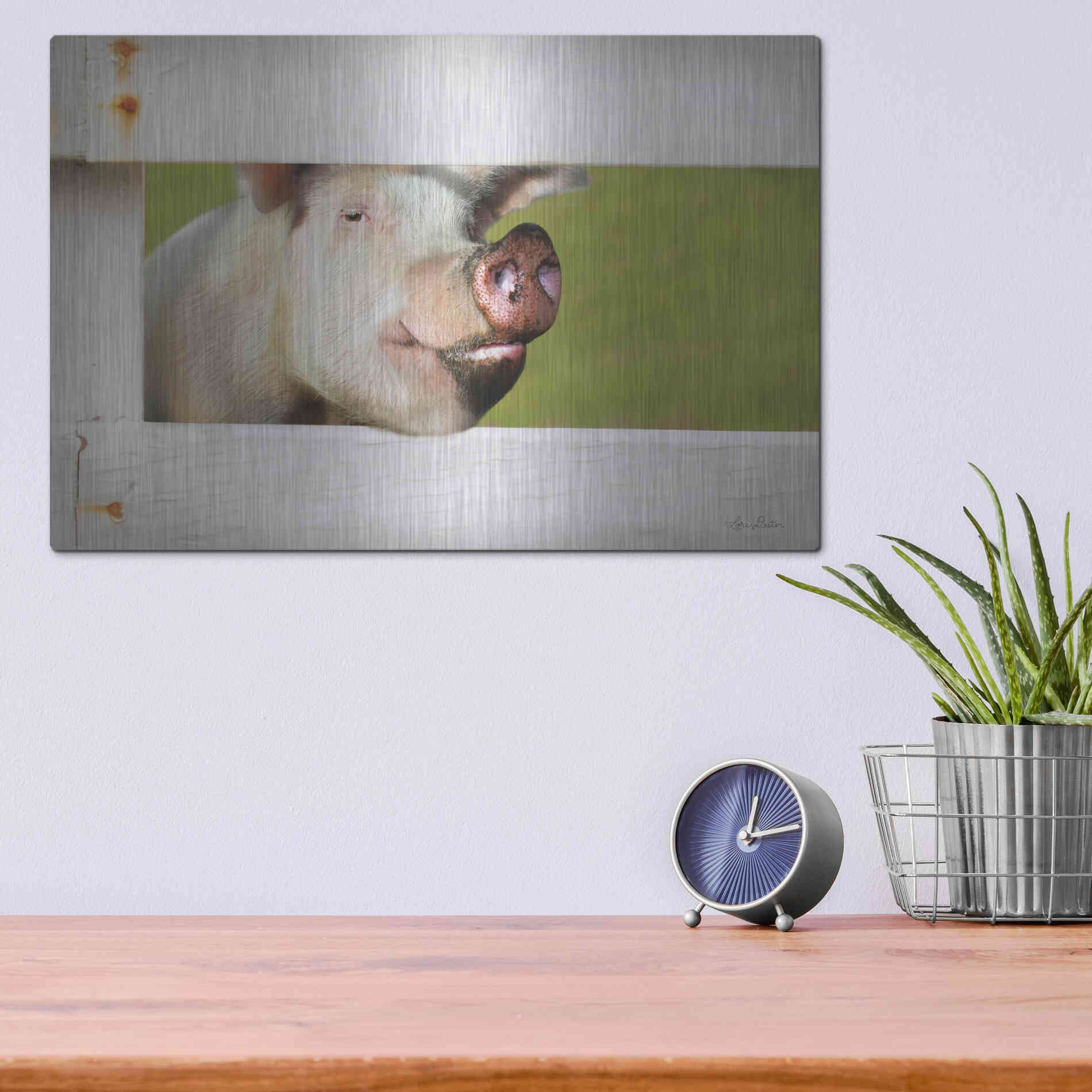 Luxe Metal Art 'Pig at Fence' by Lori Deiter, Metal Wall Art,16x12