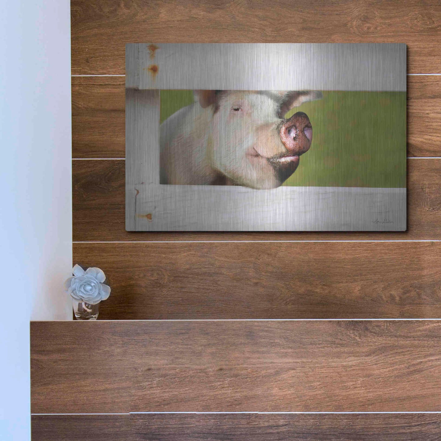 Luxe Metal Art 'Pig at Fence' by Lori Deiter, Metal Wall Art,16x12