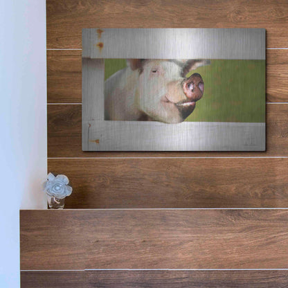 Luxe Metal Art 'Pig at Fence' by Lori Deiter, Metal Wall Art,16x12